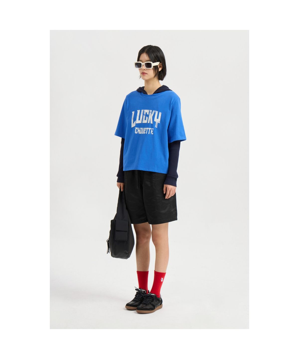 럭키슈에뜨(LUCKY CHOUETTE) Embroidered Point Rib Hooded T-shirt (navy)_LFTAS25125NYX