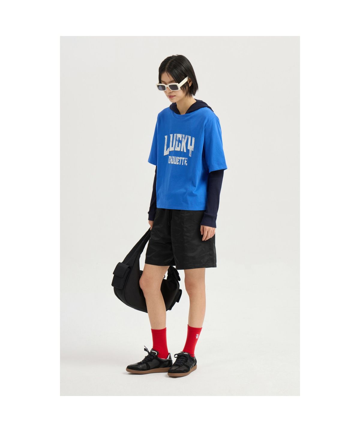 럭키슈에뜨(LUCKY CHOUETTE) Embroidered Point Rib Hooded T-shirt (navy)_LFTAS25125NYX