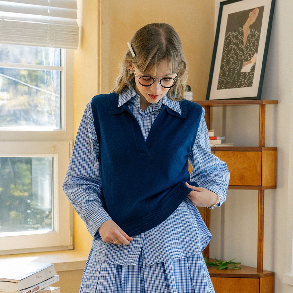 던드롭(DUNDROP) DD_Solid collar knit vest_DARK BLUE