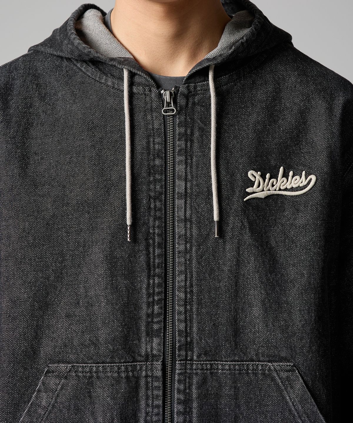 디키즈(DICKIES) 웨이브 로고 데님 후드 집업 Black Denim