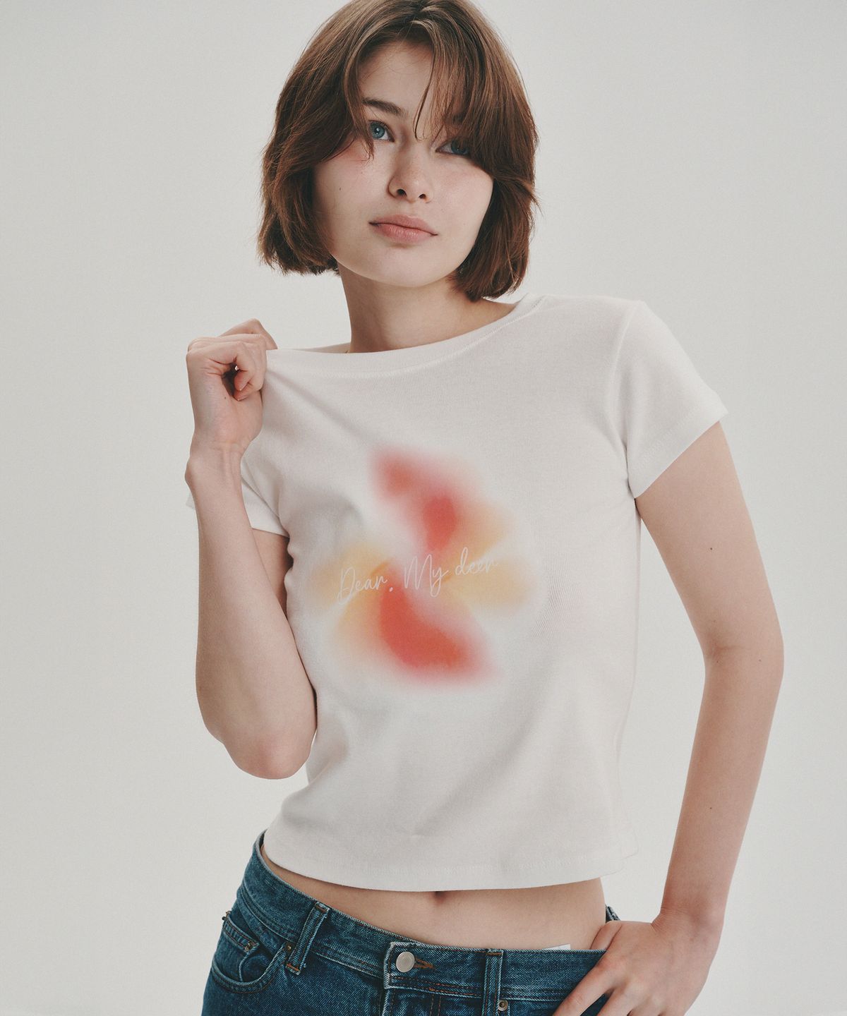 디어마이디어(DEARMYDEER) 플라워 하이 크롭 티셔츠_ 화이트