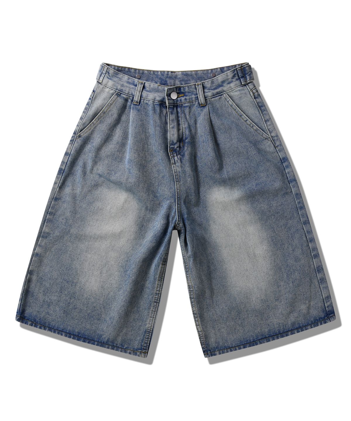 락트개러지(ROCKED GARAGE) [UNISEX]워시드 버뮤다 핀턱 데님 하프 팬츠 [중청]