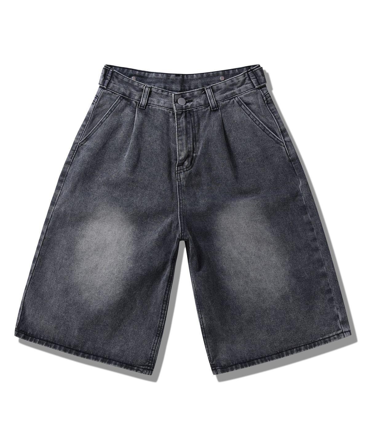 락트개러지(ROCKED GARAGE) [UNISEX]워시드 버뮤다 핀턱 데님 하프 팬츠 [흑청]
