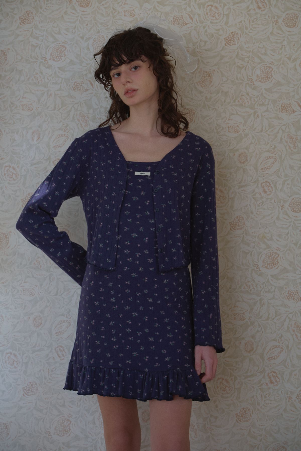 레터리(LETERIE) FLOWER WAVE CARDIGAN_NAVY