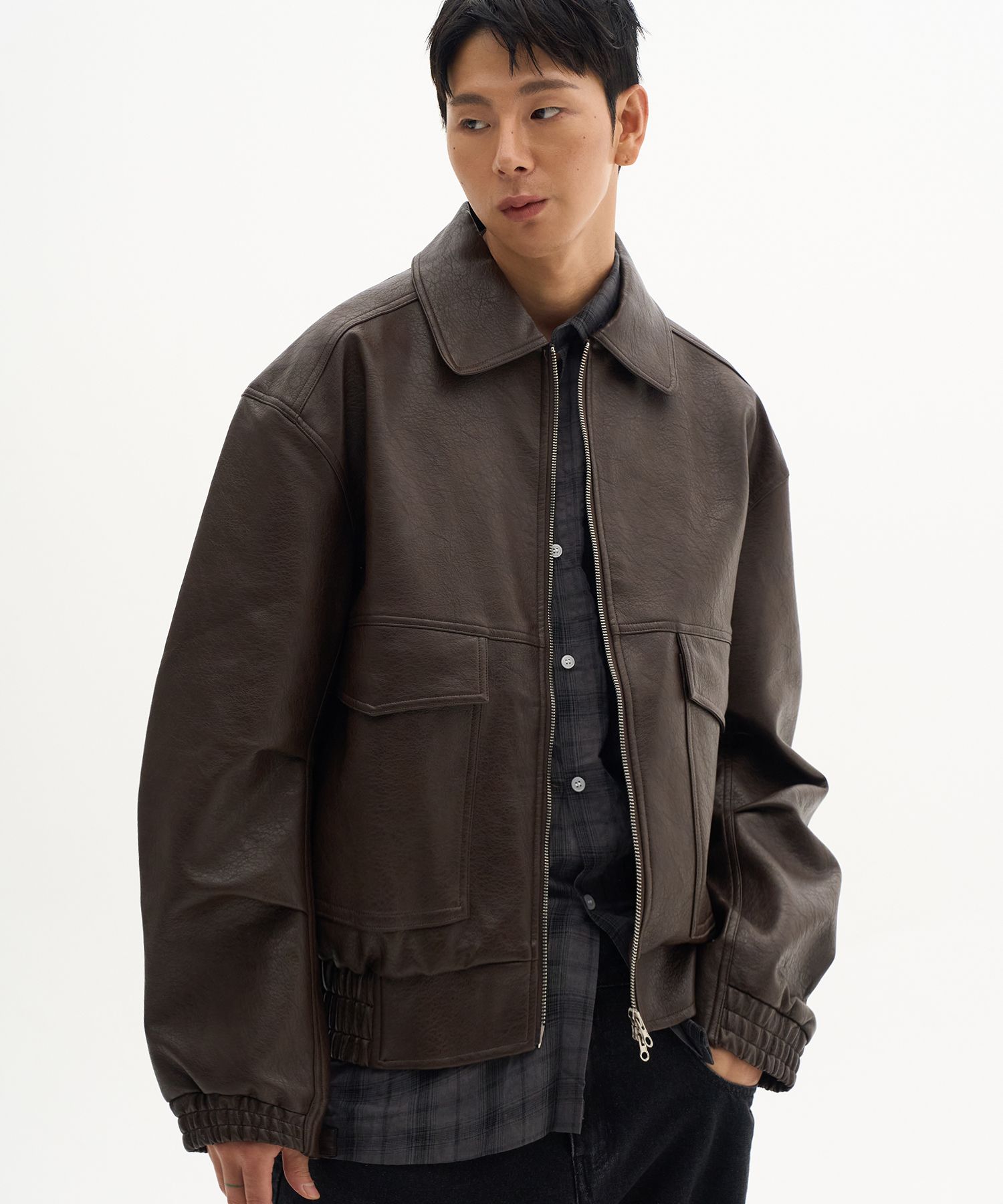 MUSINSA | PLACESTUDIOMAN Big Pocket Vintage Washed Leather Zip-Up