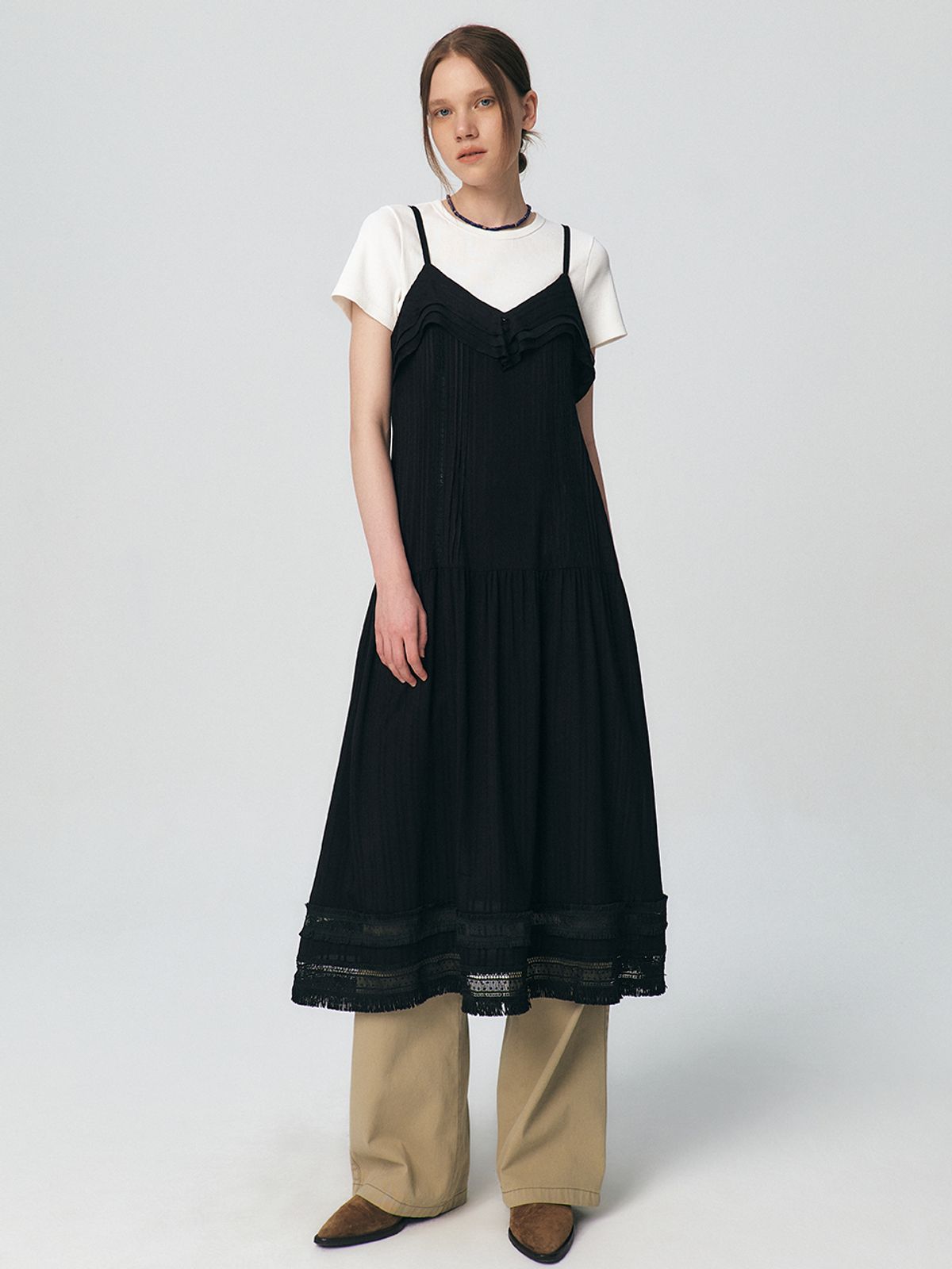 쿠메(KUMÉ) Pleated Ruffle Sleeveless Long Dress