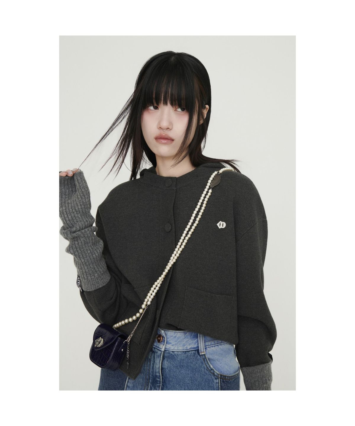 럭키슈에뜨(LUCKY CHOUETTE) Detachable Hooded Round Neck Knit Cardigan (dark grey)_LFWCS25220GYD