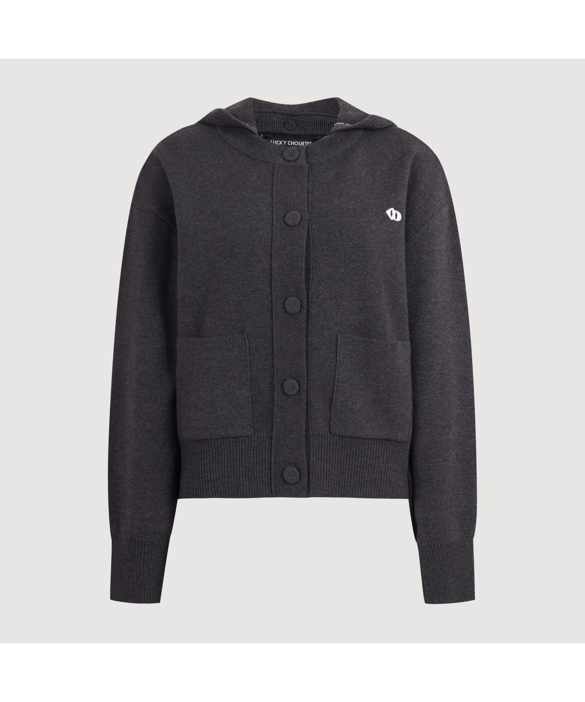 럭키슈에뜨(LUCKY CHOUETTE) Detachable Hooded Round Neck Knit Cardigan (dark grey)_LFWCS25220GYD