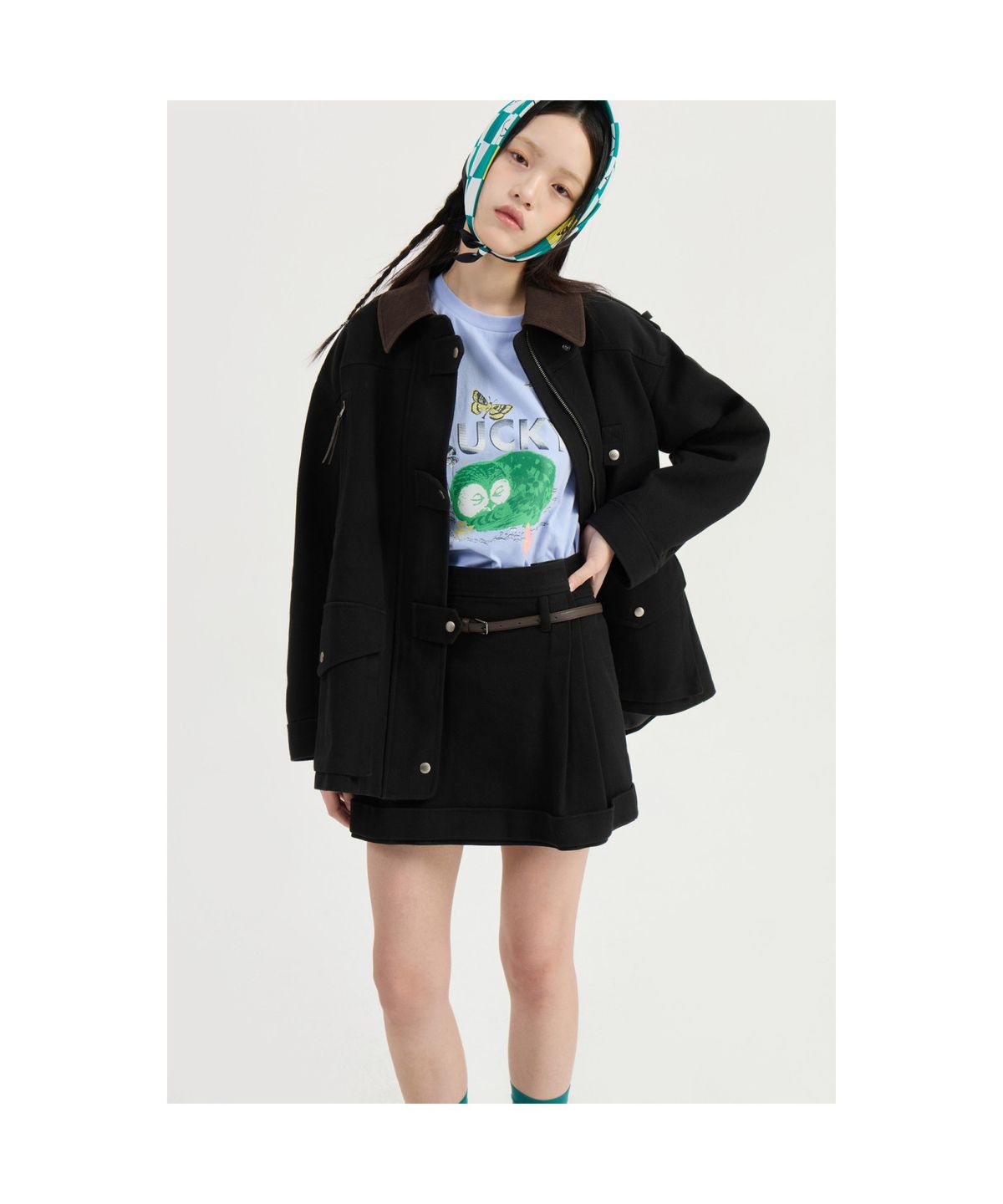 럭키슈에뜨(LUCKY CHOUETTE) Coloring Point Mini Skirt (optional belt) (dark black)_LFKAS25220BKD