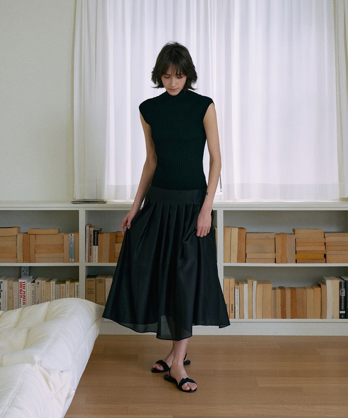 라메레이(LAMEREI) Sheer Pleats skirt[LMBFSP25SK5403]-Black