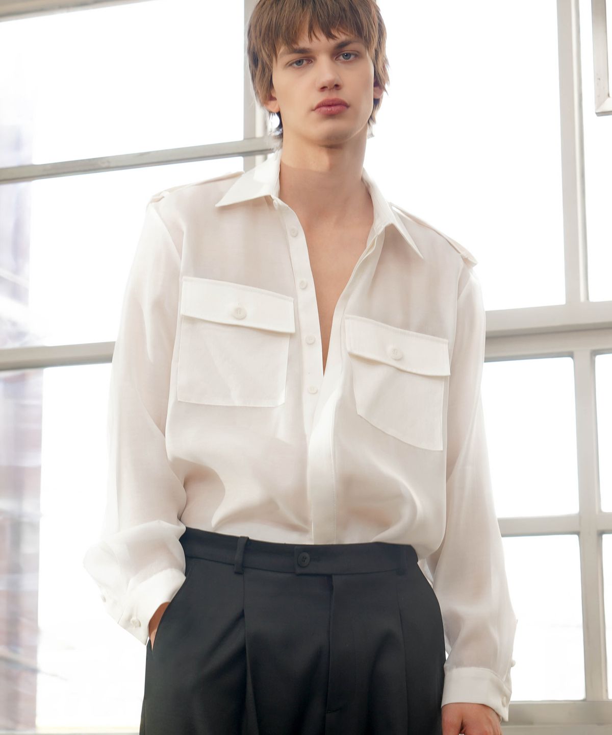언티지(UNTAGE) 세미 시어 사파리 셔츠[White(UNISEX)]_UTS-FS77