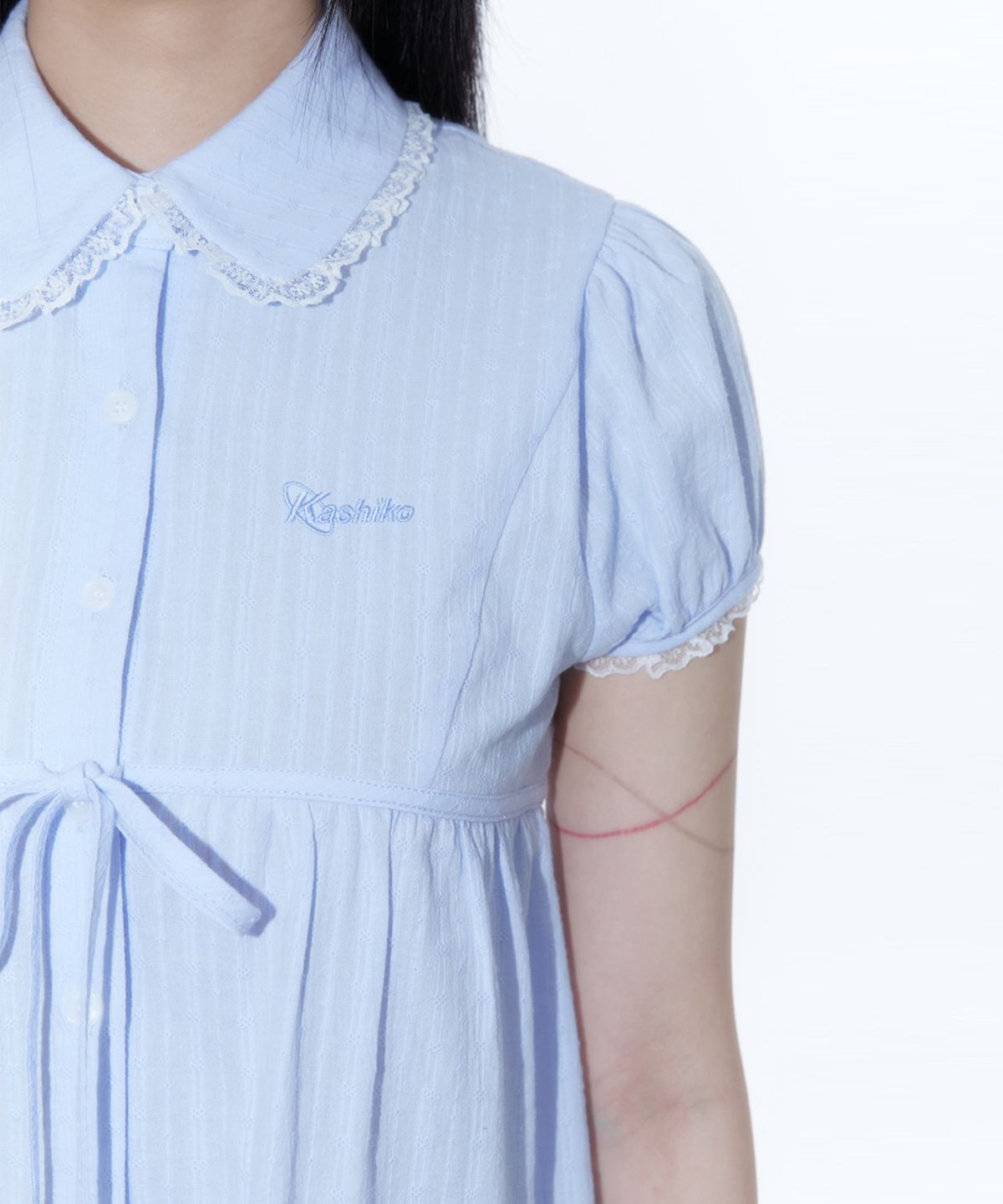 카시코(KASHIKO) Puff Sleeve Lace Shirt Blue