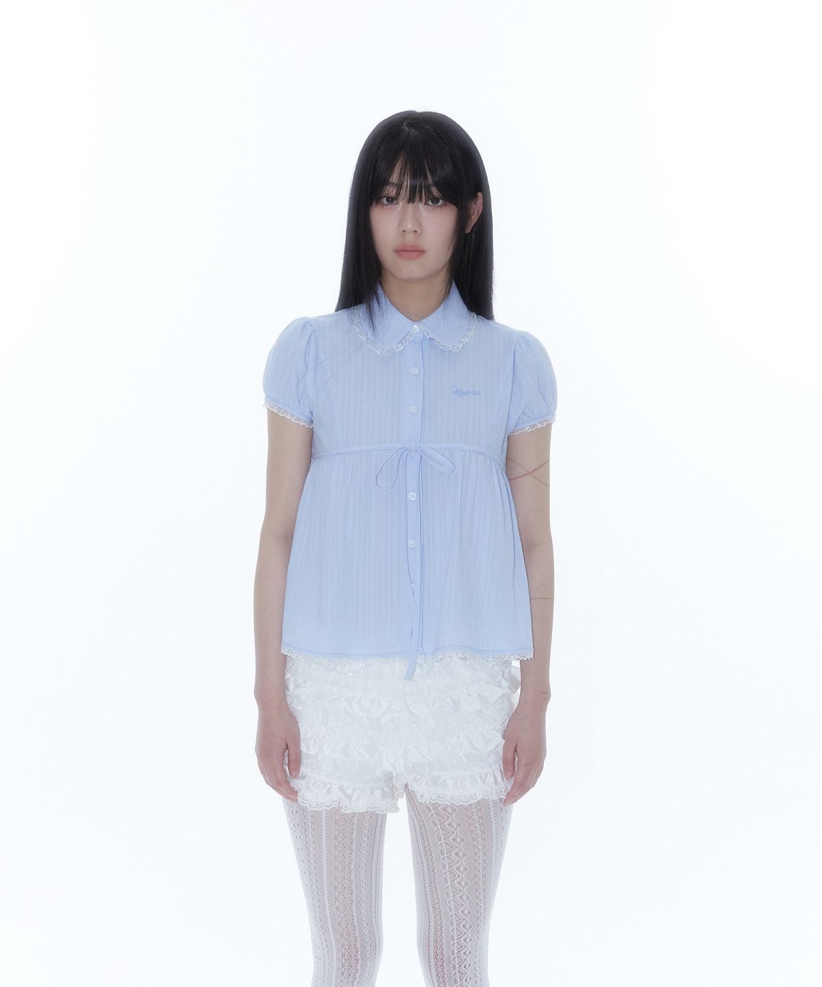 카시코(KASHIKO) Puff Sleeve Lace Shirt Blue