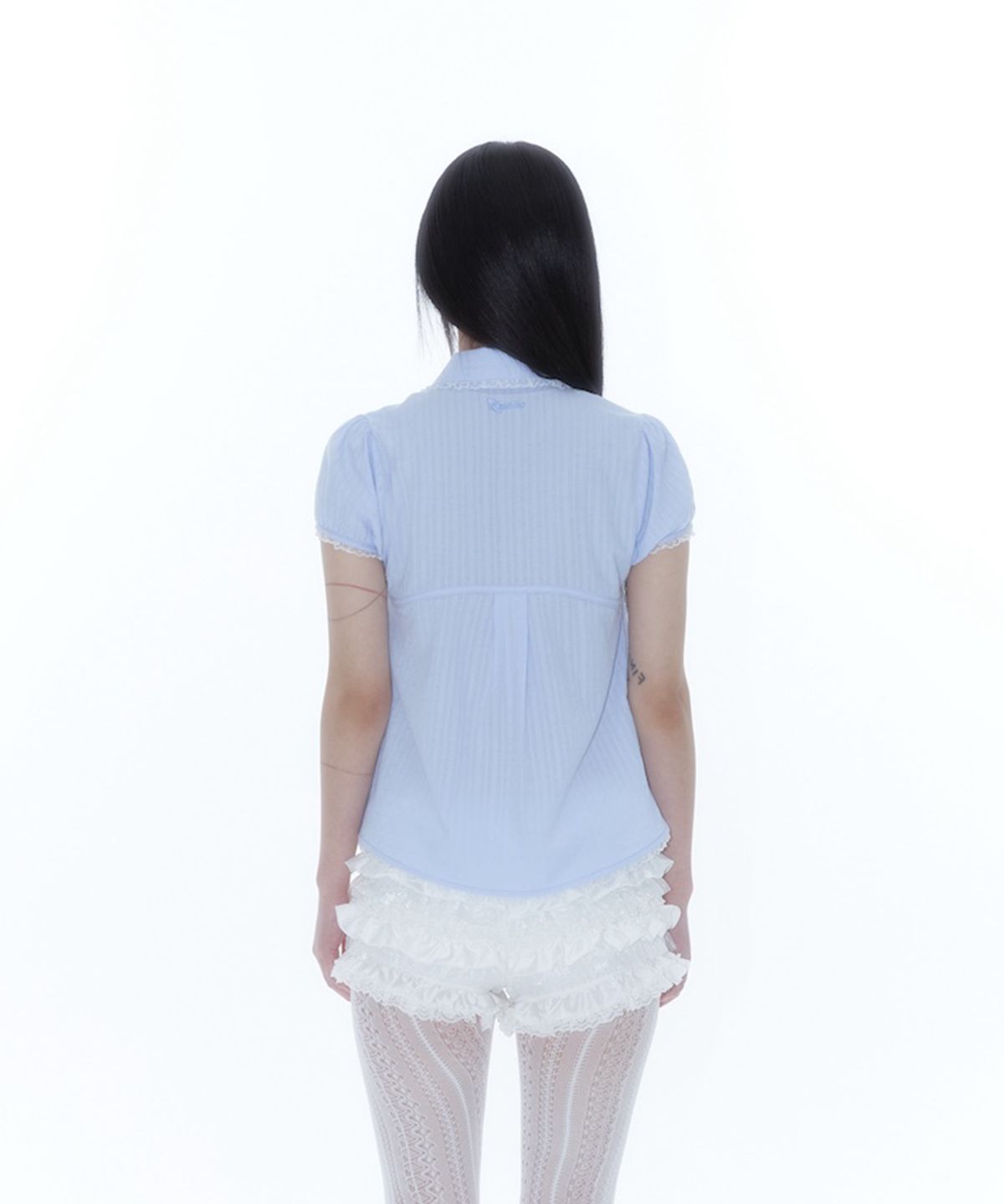 카시코(KASHIKO) Puff Sleeve Lace Shirt Blue