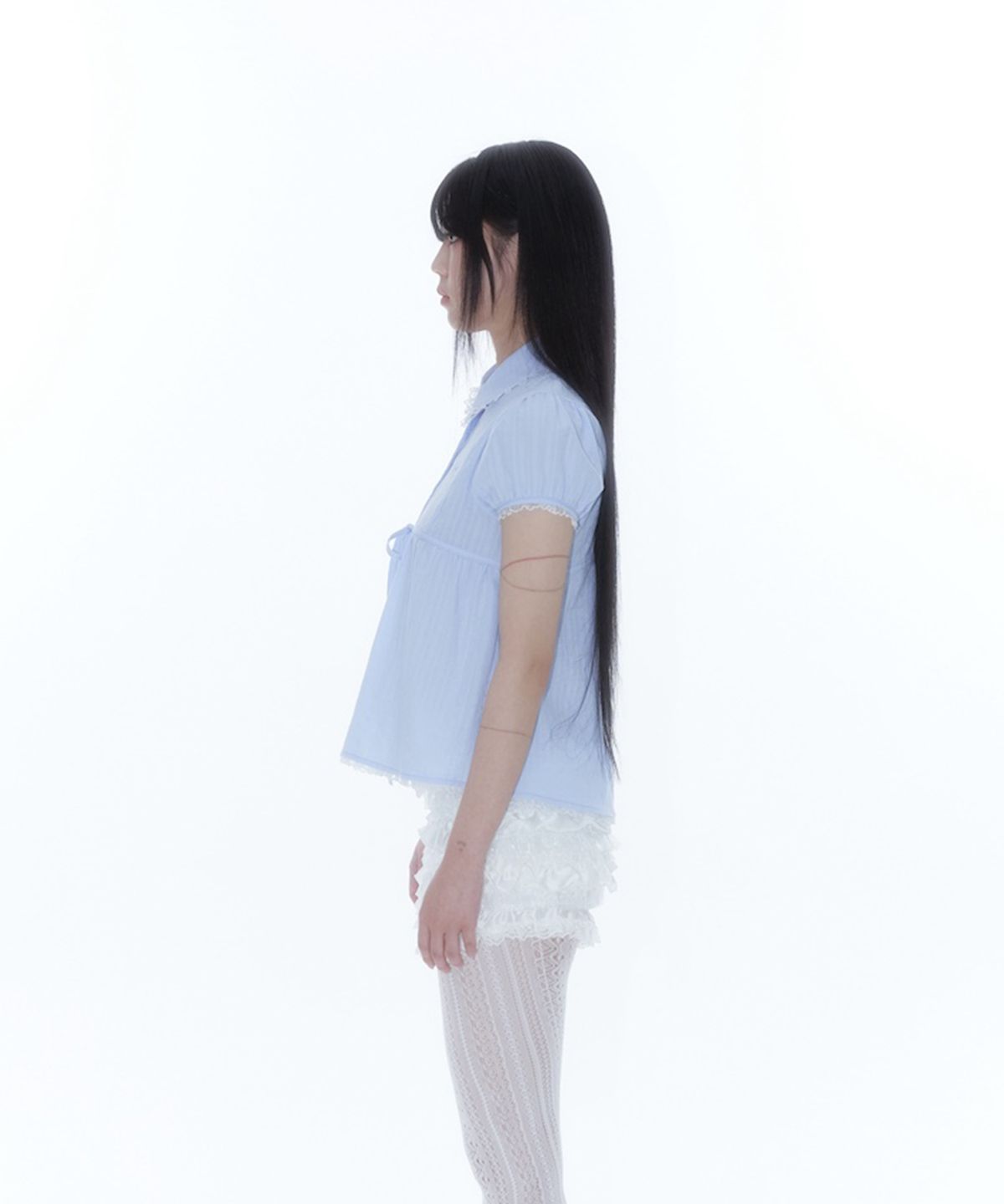카시코(KASHIKO) Puff Sleeve Lace Shirt Blue