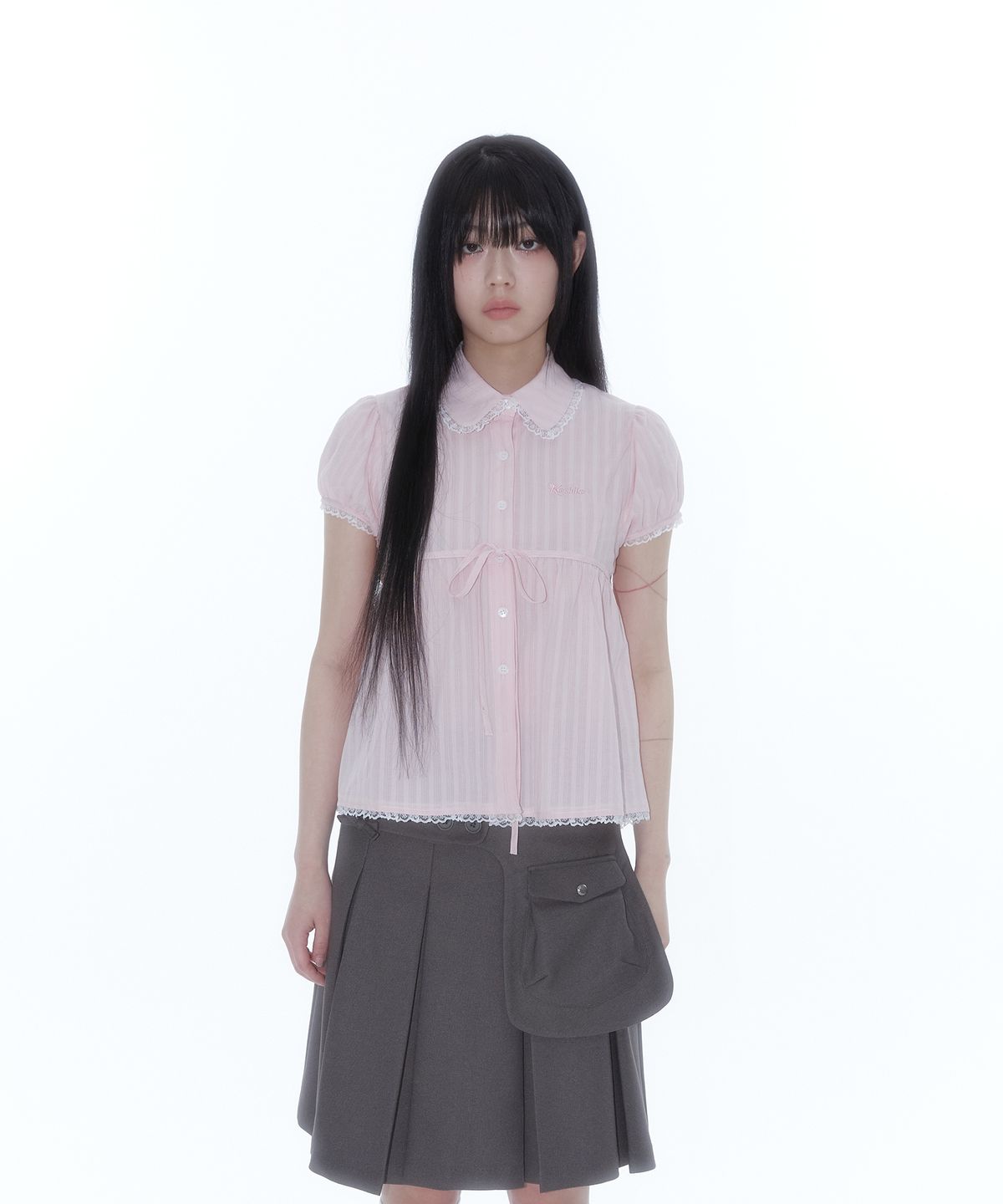 카시코(KASHIKO) Puff Sleeve Lace Shirt Pink