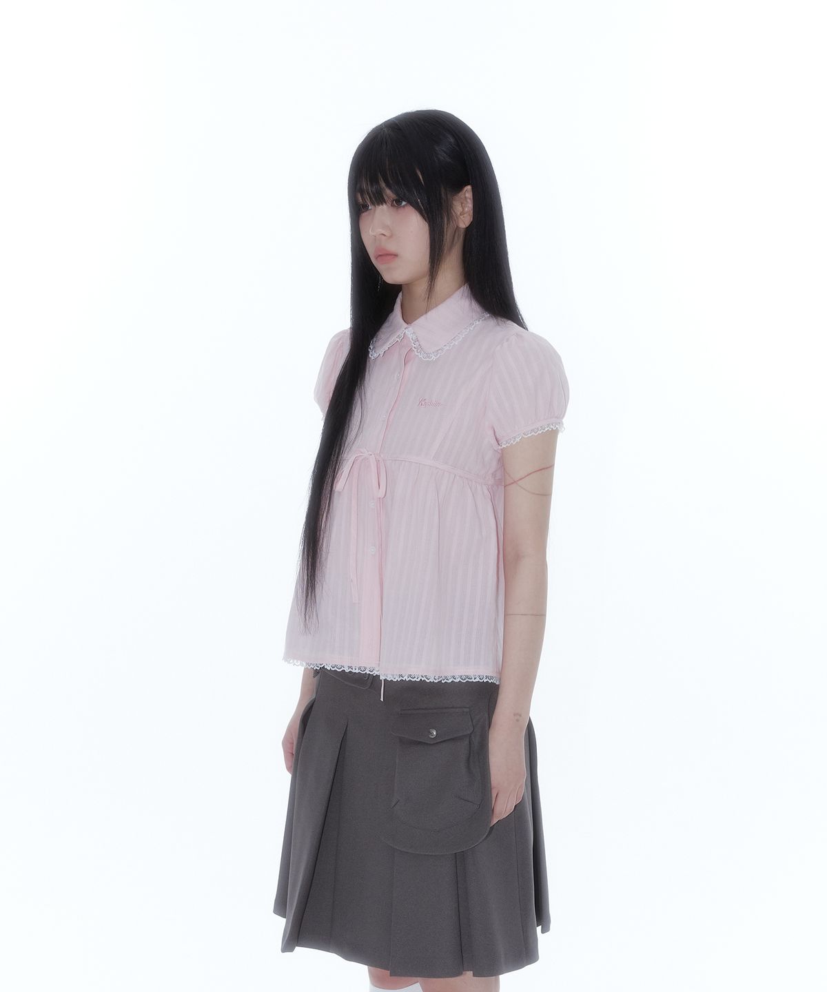 카시코(KASHIKO) Puff Sleeve Lace Shirt Pink