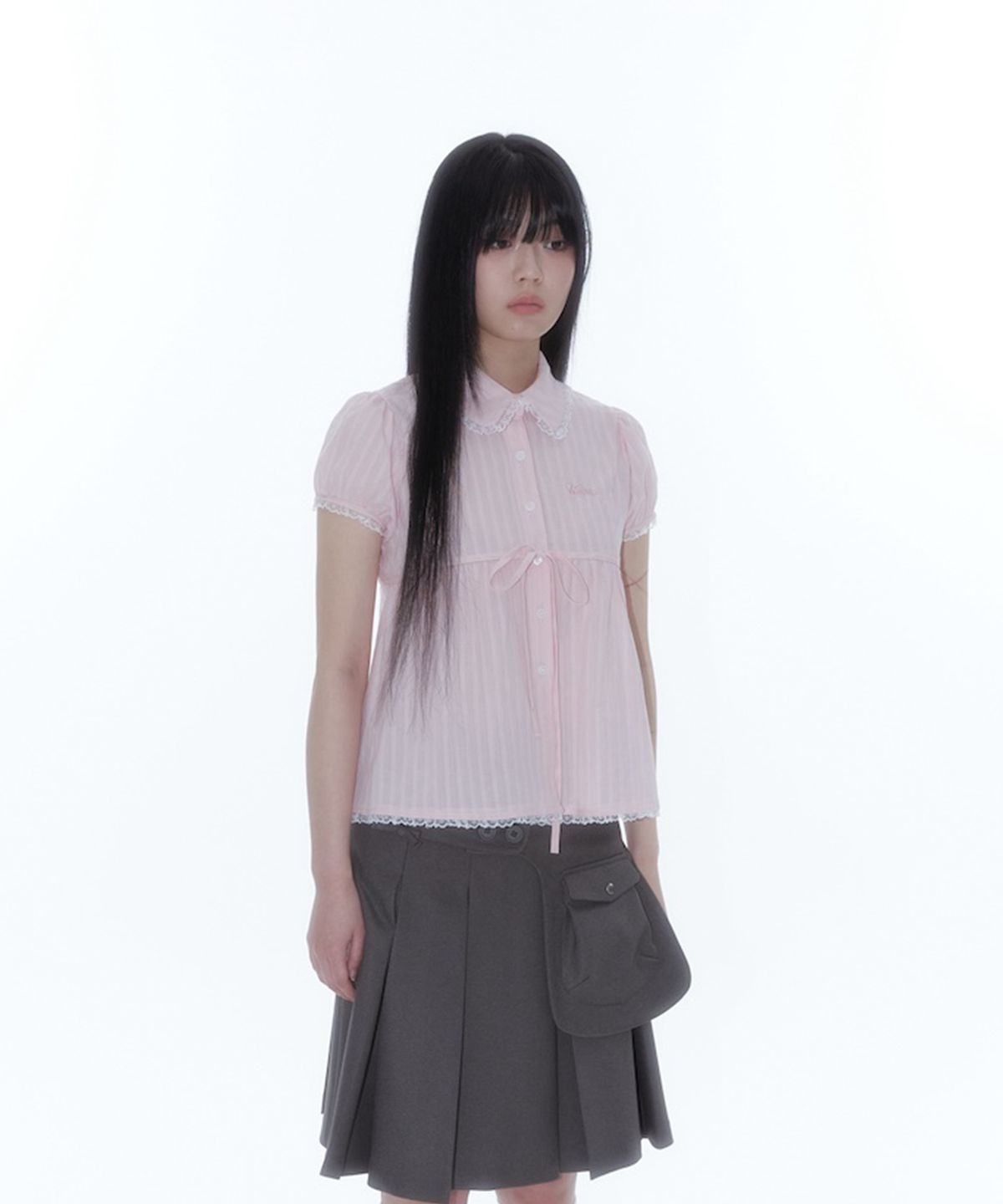 카시코(KASHIKO) Puff Sleeve Lace Shirt Pink