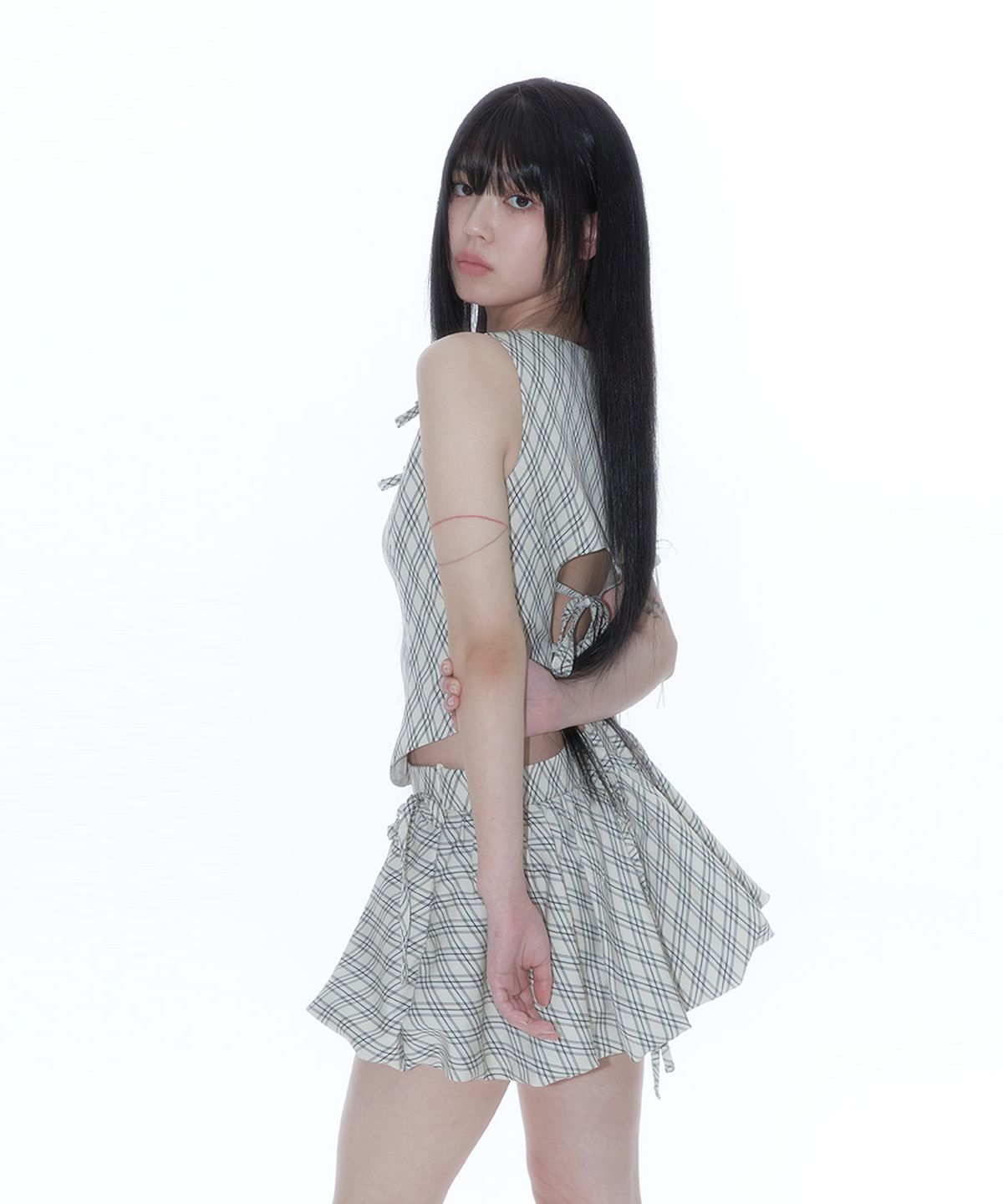 카시코(KASHIKO) Ribbon Paneled Sleeveless Checked