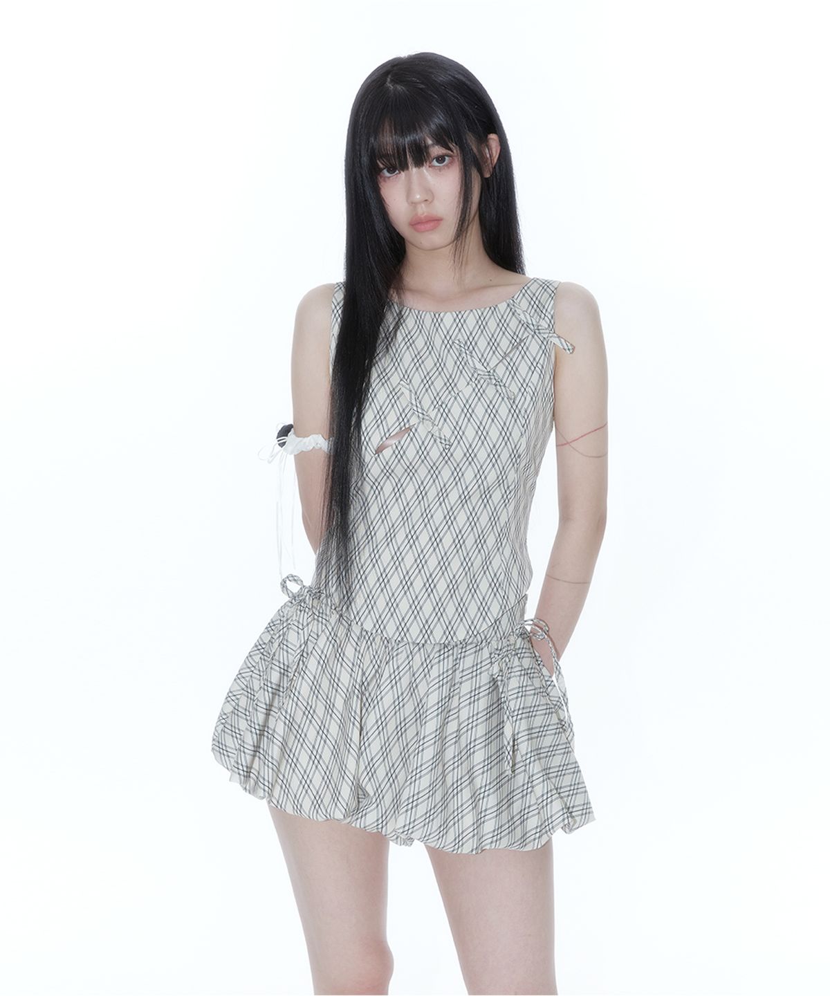 카시코(KASHIKO) Ribbon Paneled Sleeveless Checked
