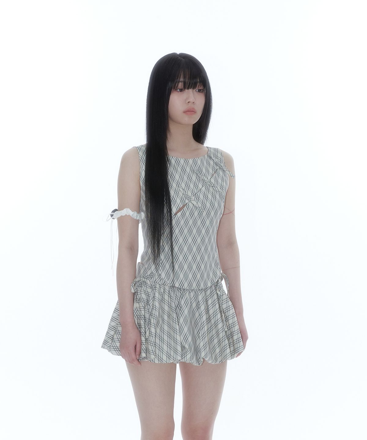 카시코(KASHIKO) Ribbon Paneled Sleeveless Checked