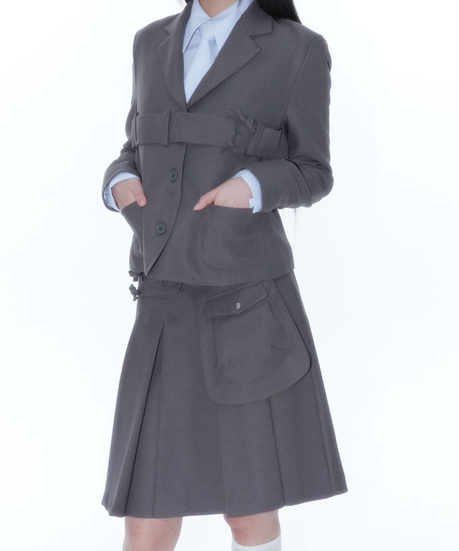 MUSINSA | KASHIKO Ribbon Preppy Pleated Skirt Charcoal