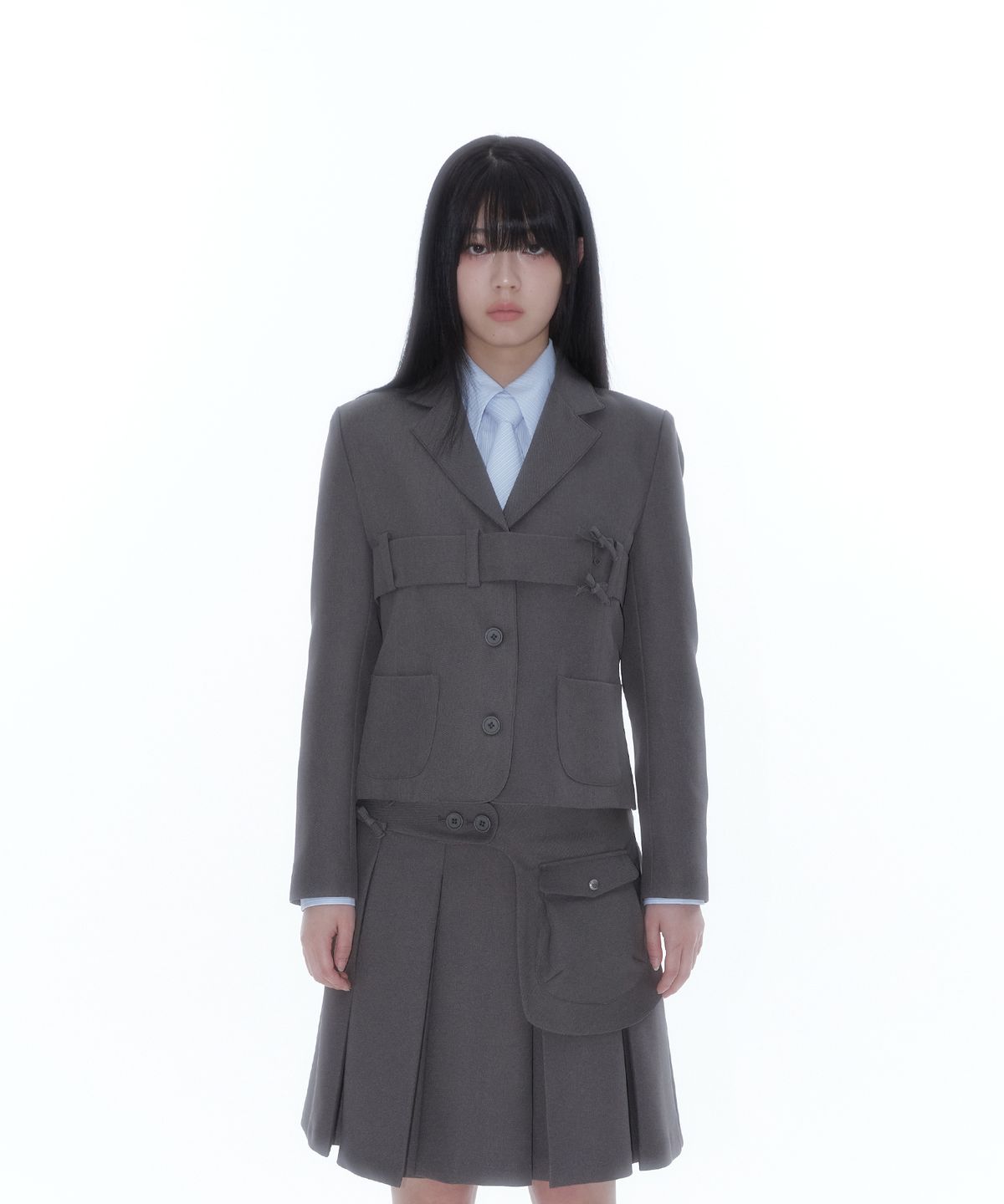 카시코(KASHIKO) Ribbon Belted Preppy Jacket Charcoal