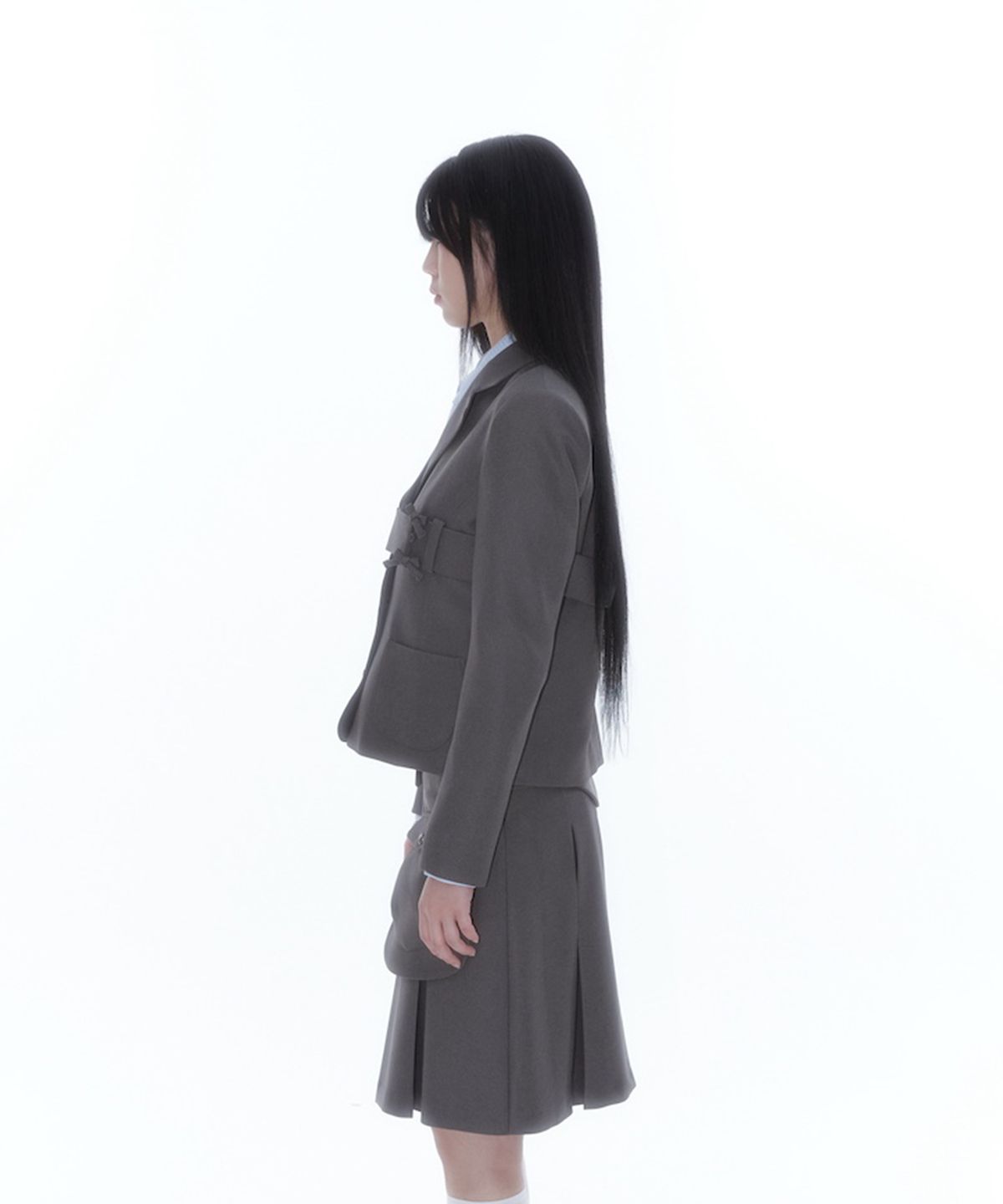 카시코(KASHIKO) Ribbon Belted Preppy Jacket Charcoal