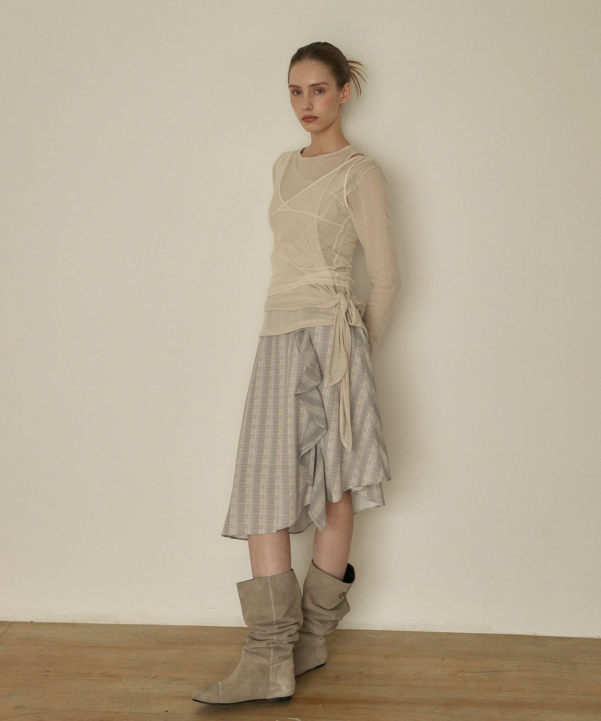 아우로(OURO) FRILL CHECK SKIRT  [ LAVENDER ]