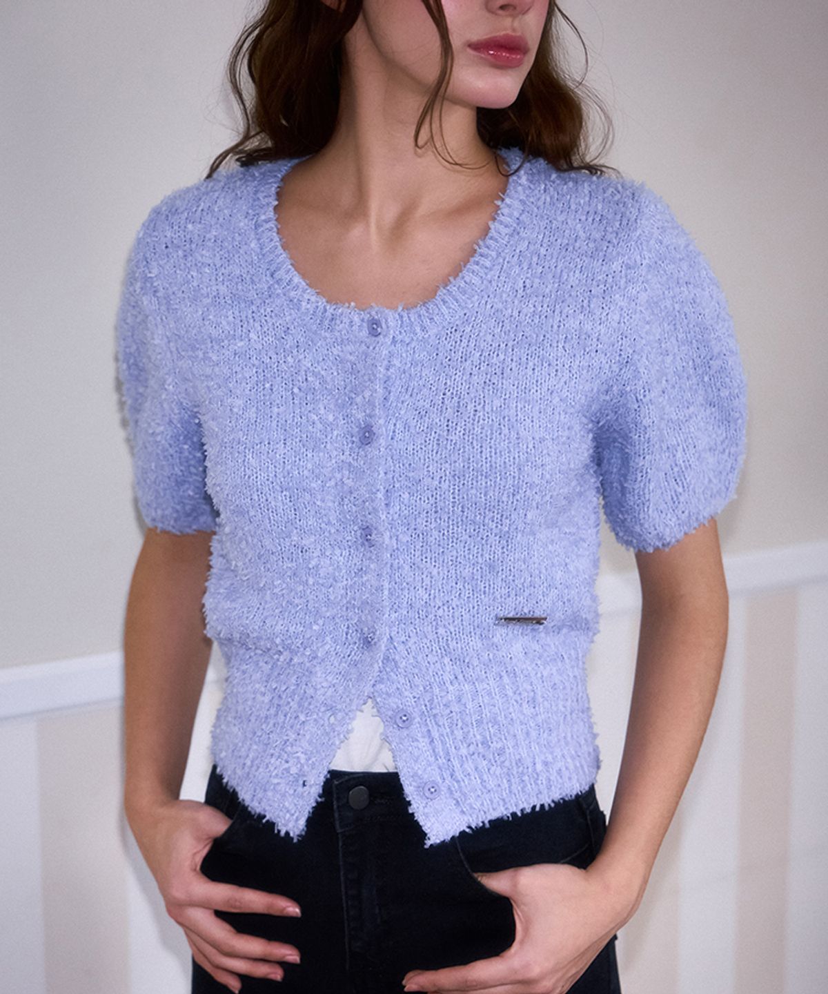 로제프란츠(ROSEFRANTZ) Puff Hairy Half Cardigan [Sky Blue]
