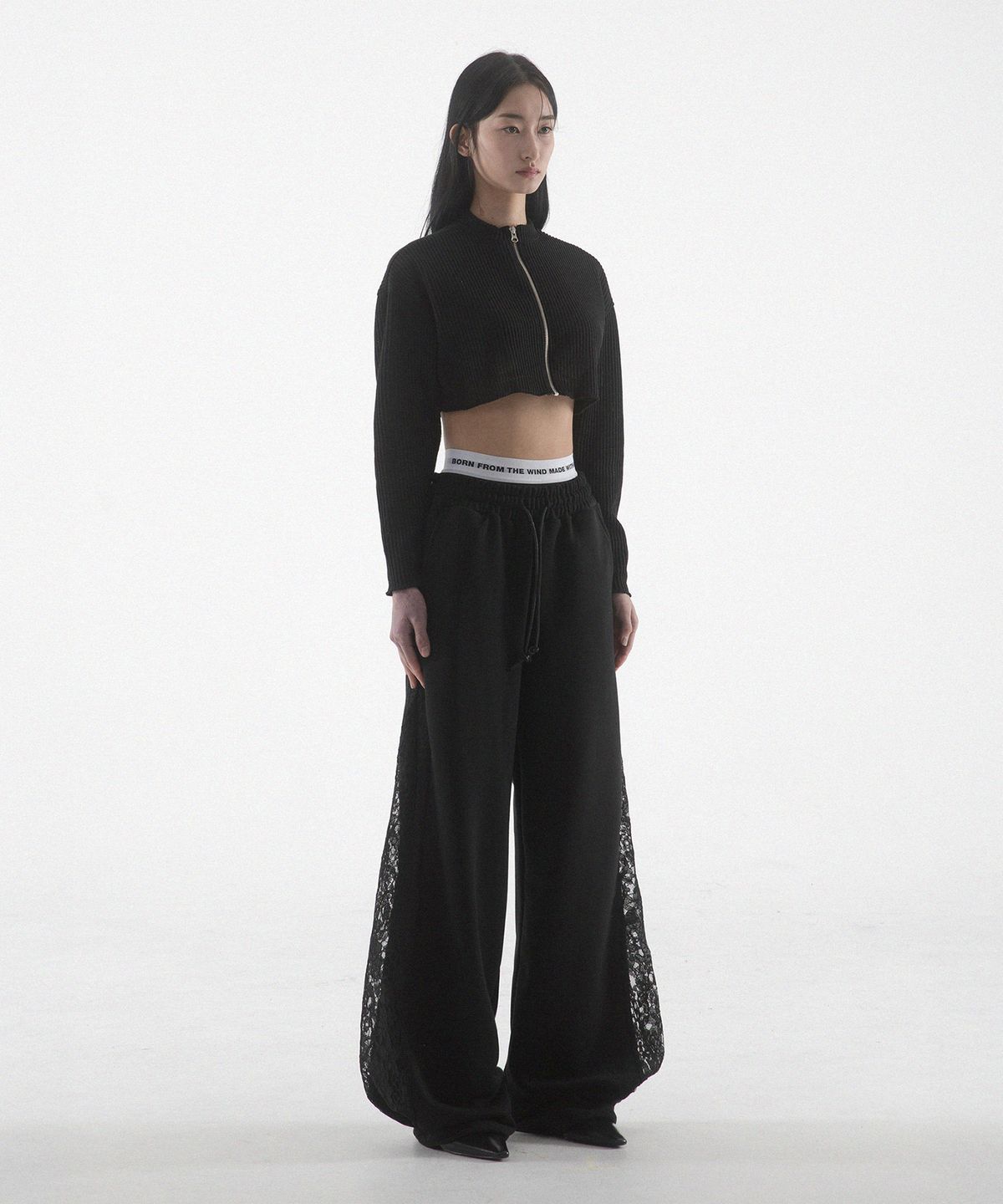 팬쇼(FANSHOW) CROP KNIT ZIP UP - BLACK