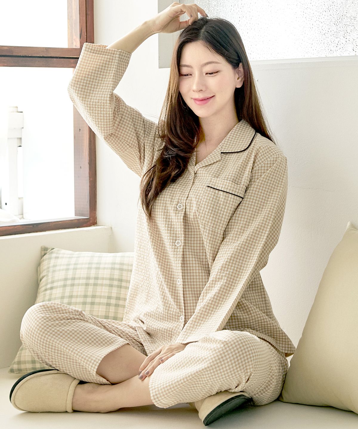 핑코코(PINGCOCO) 109 브라운체크 긴소매 여성인잠옷 파자마