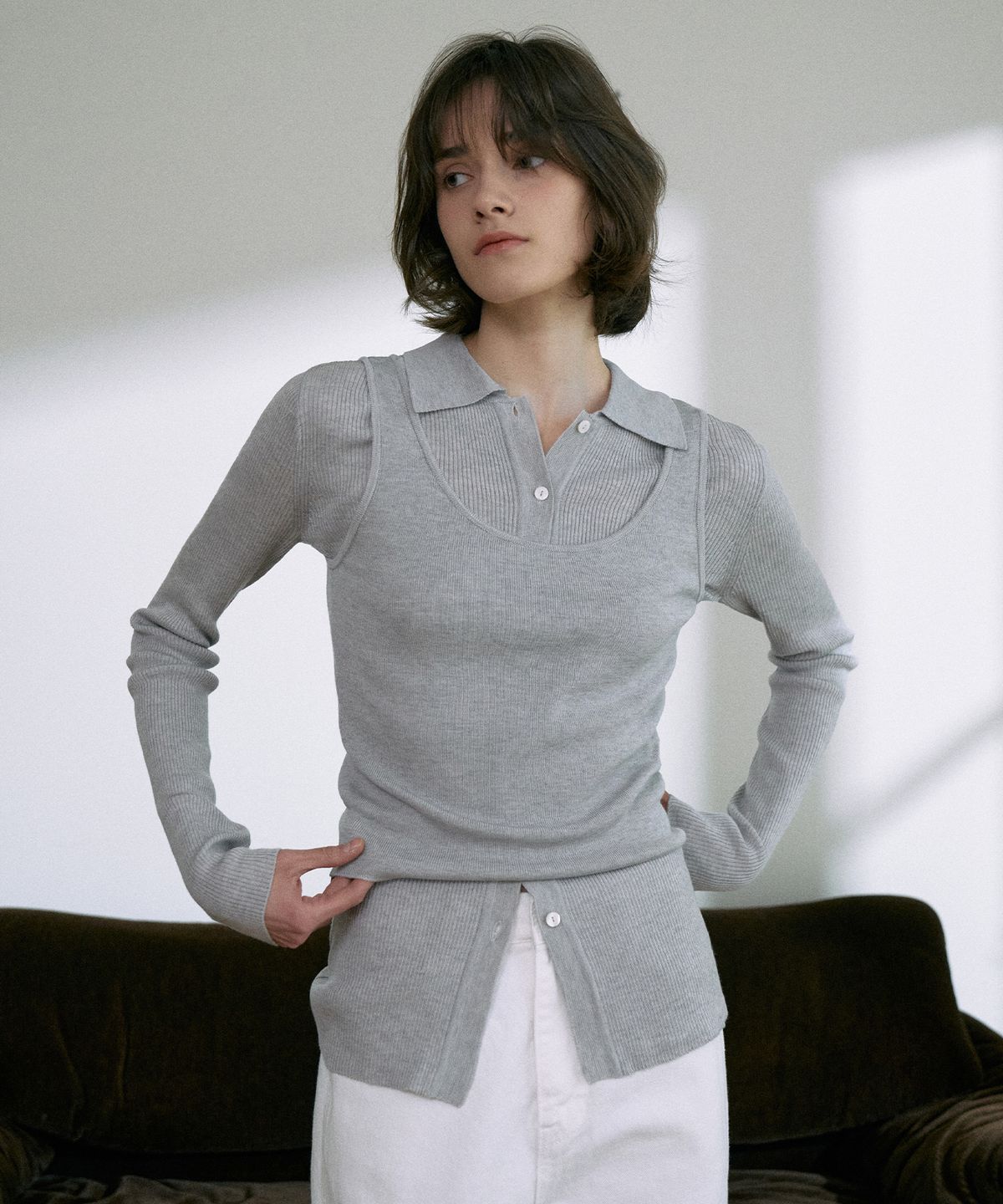 라메레이(LAMEREI) Ribbed Collar Cardigan Set-Up[LMBESPKN272]-3color