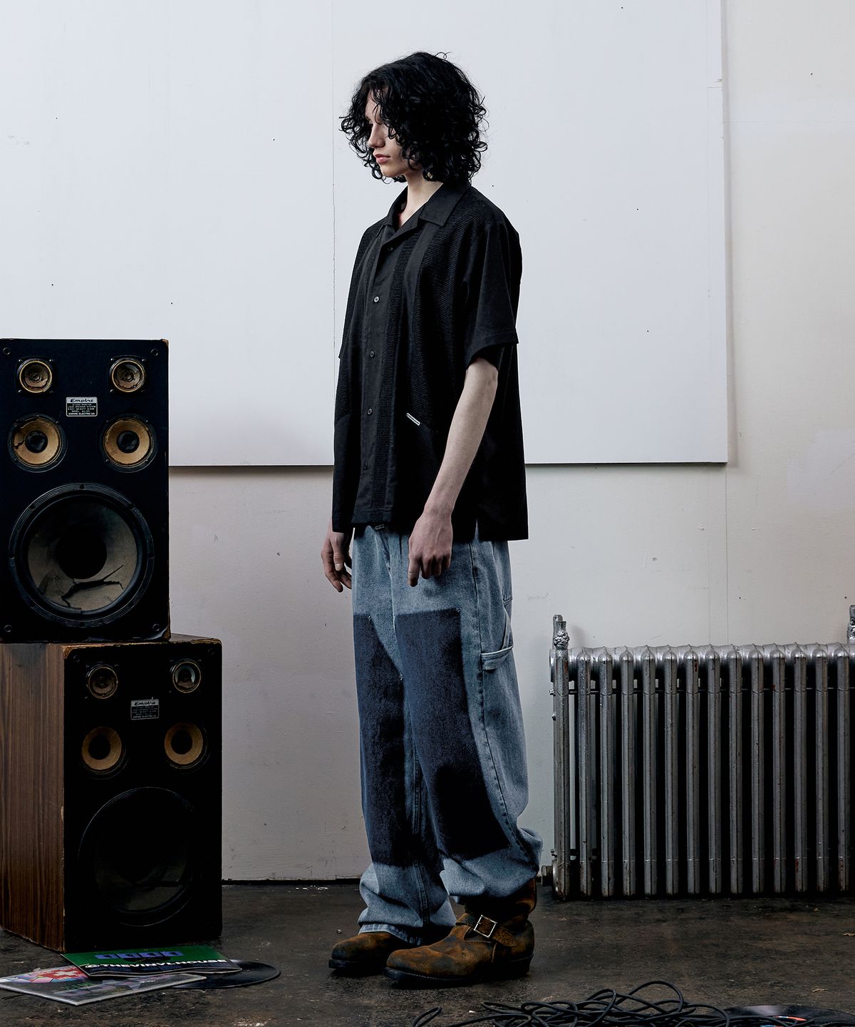 더바이닐하우스(THEVINYLHOUSE) LINEN MESH SHORT SLEEVE SHIRTS BLACK