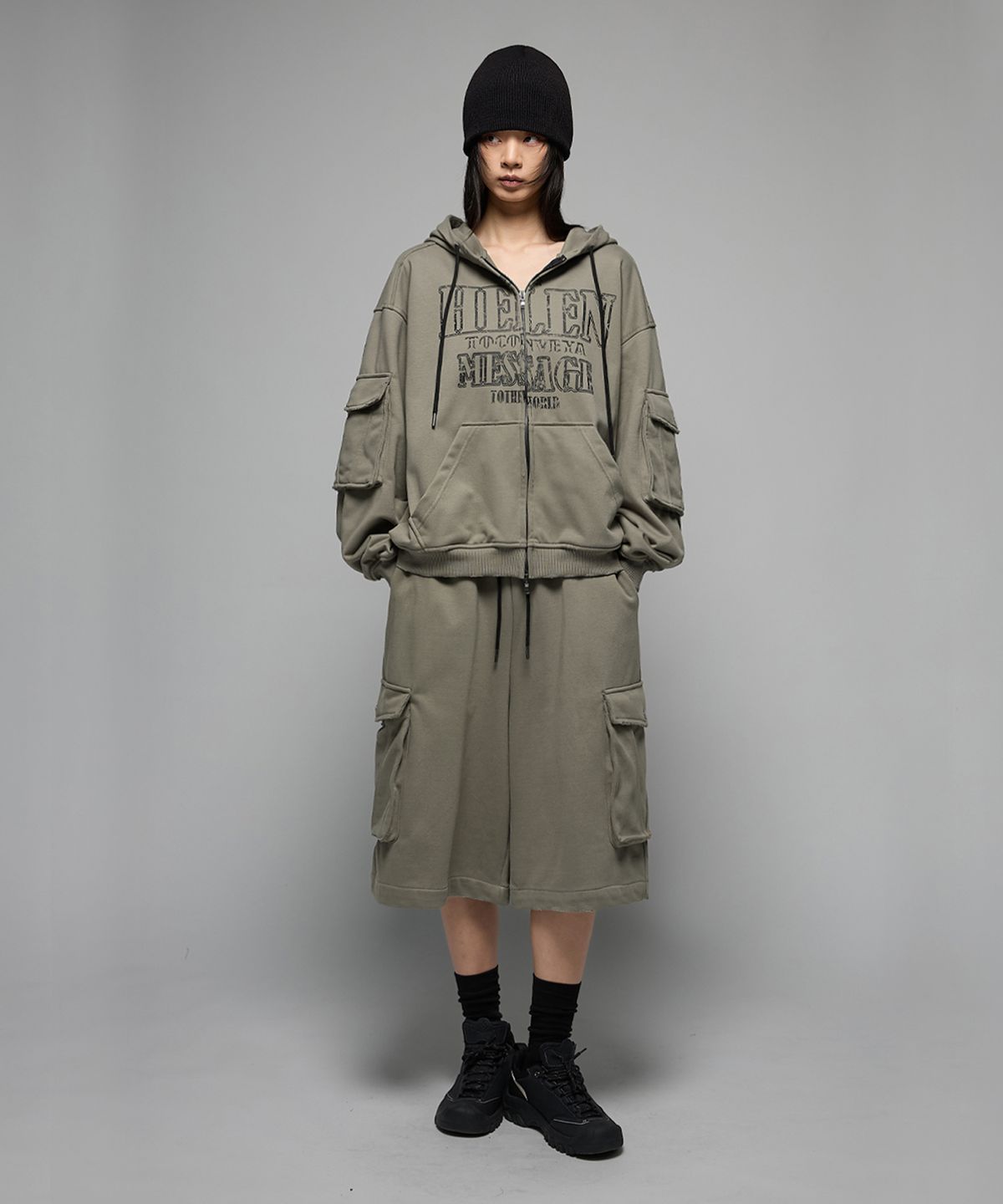 헤더헬렌(HEDER HELEN) Damage cargo bermuda PT khaki grey