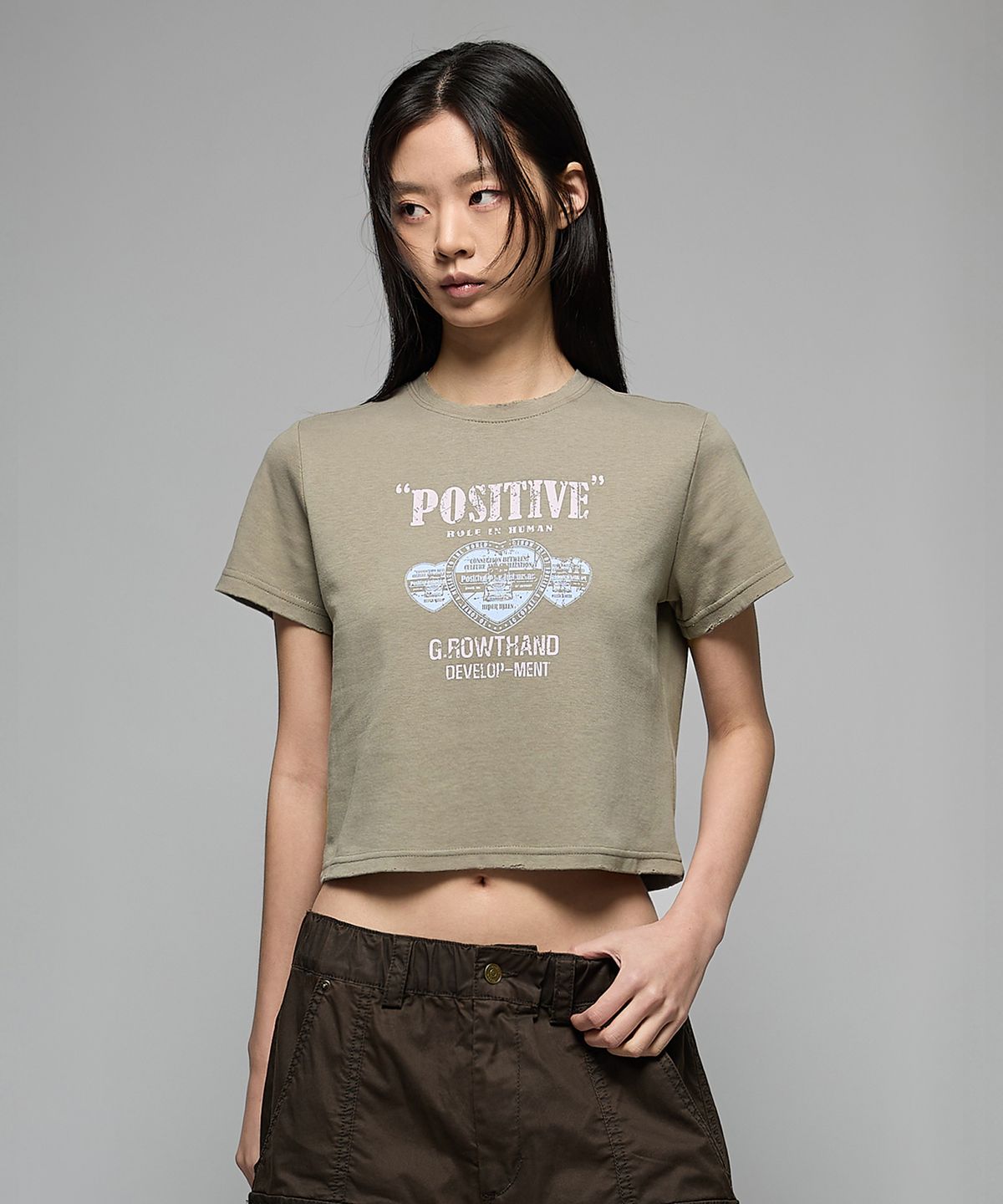 헤더헬렌(HEDER HELEN) (W) Positive damage crop half-T khaki grey