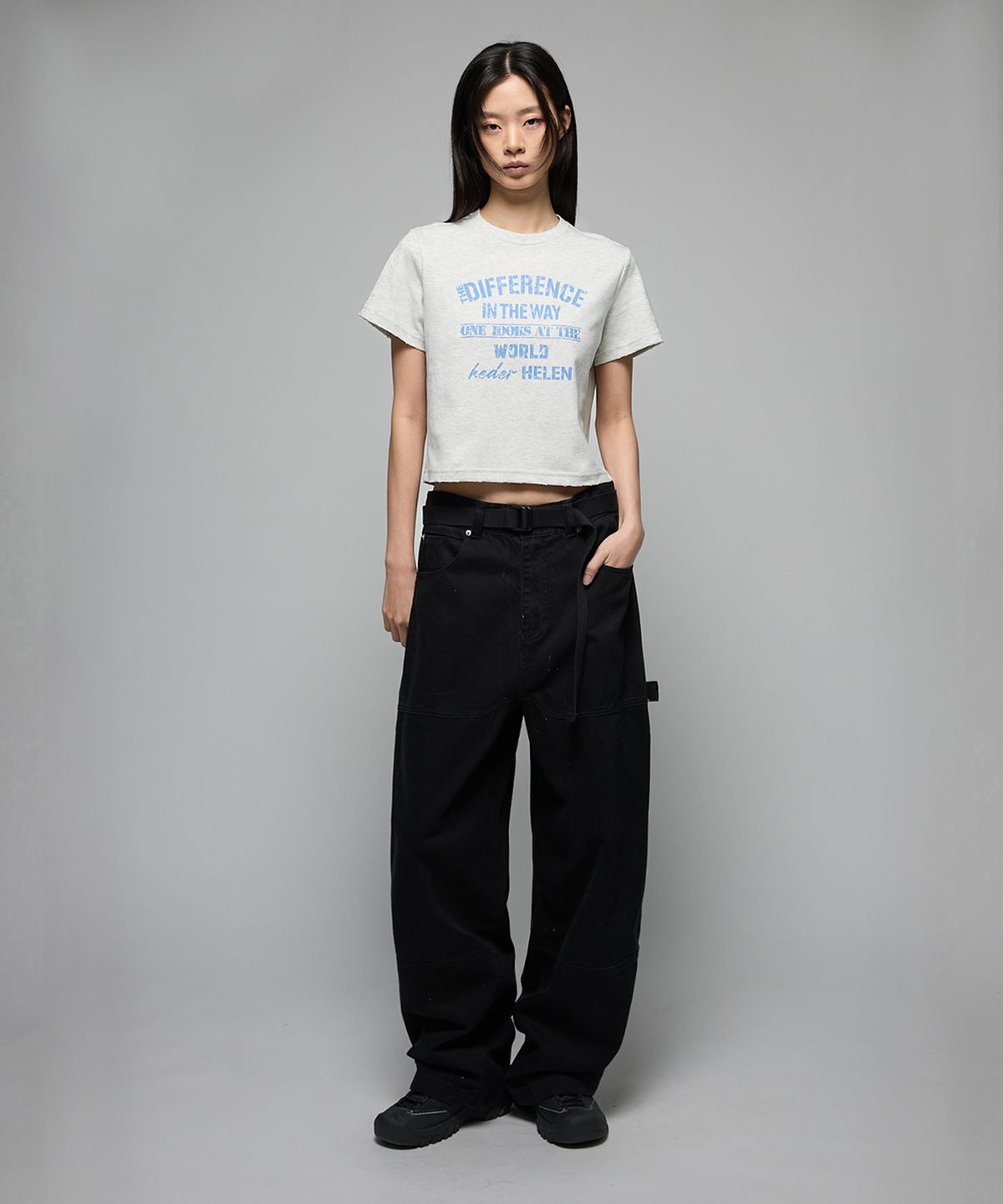 헤더헬렌(HEDER HELEN) (W) Difference damage crop half-T melange grey