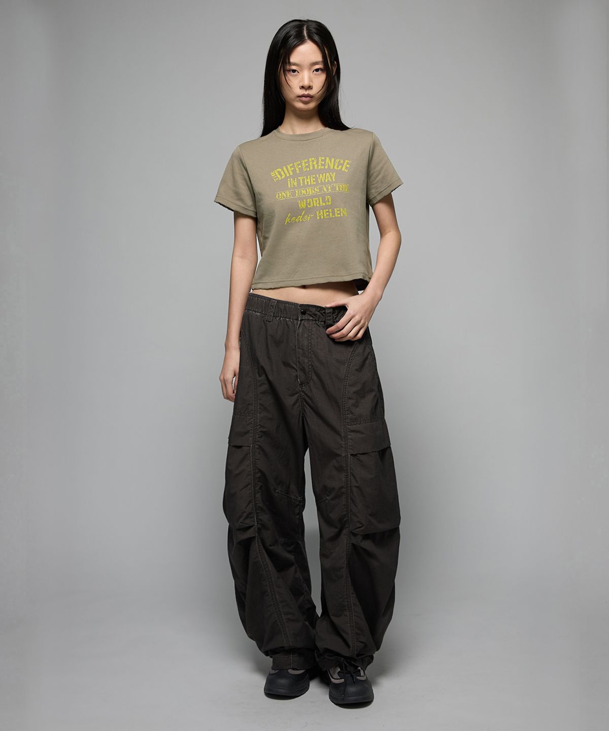 헤더헬렌(HEDER HELEN) (W) Difference damage crop half-T khaki