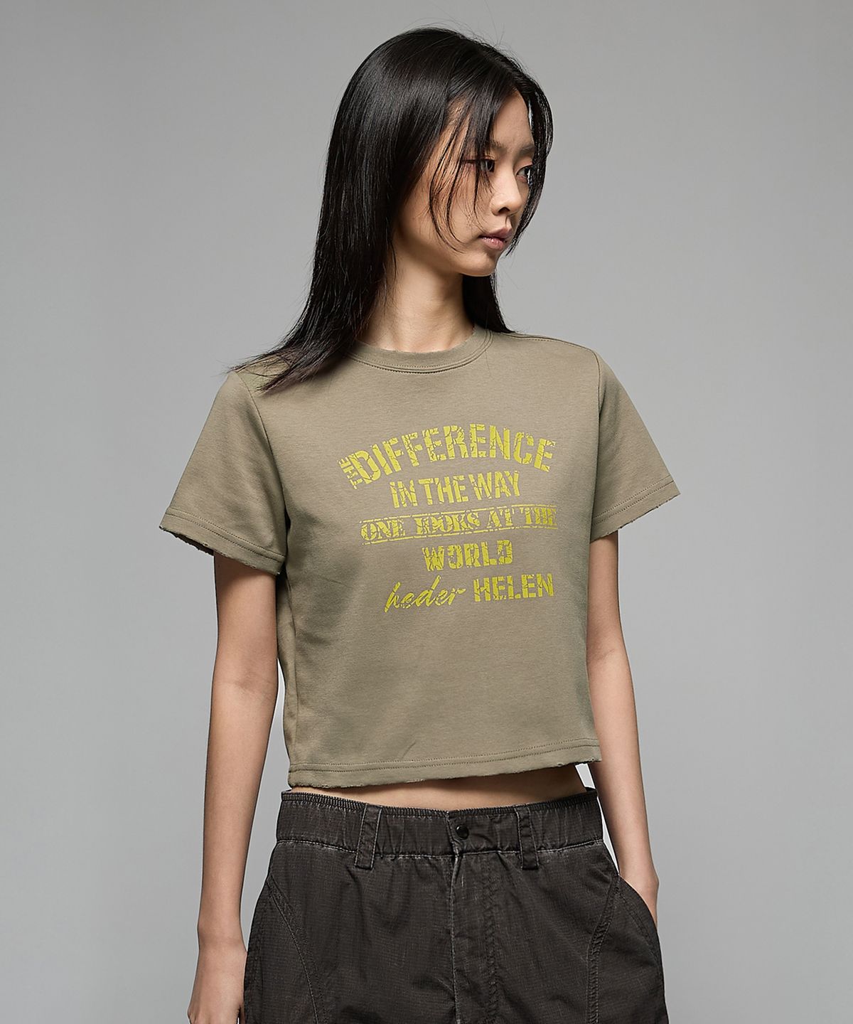 헤더헬렌(HEDER HELEN) (W) Difference damage crop half-T khaki