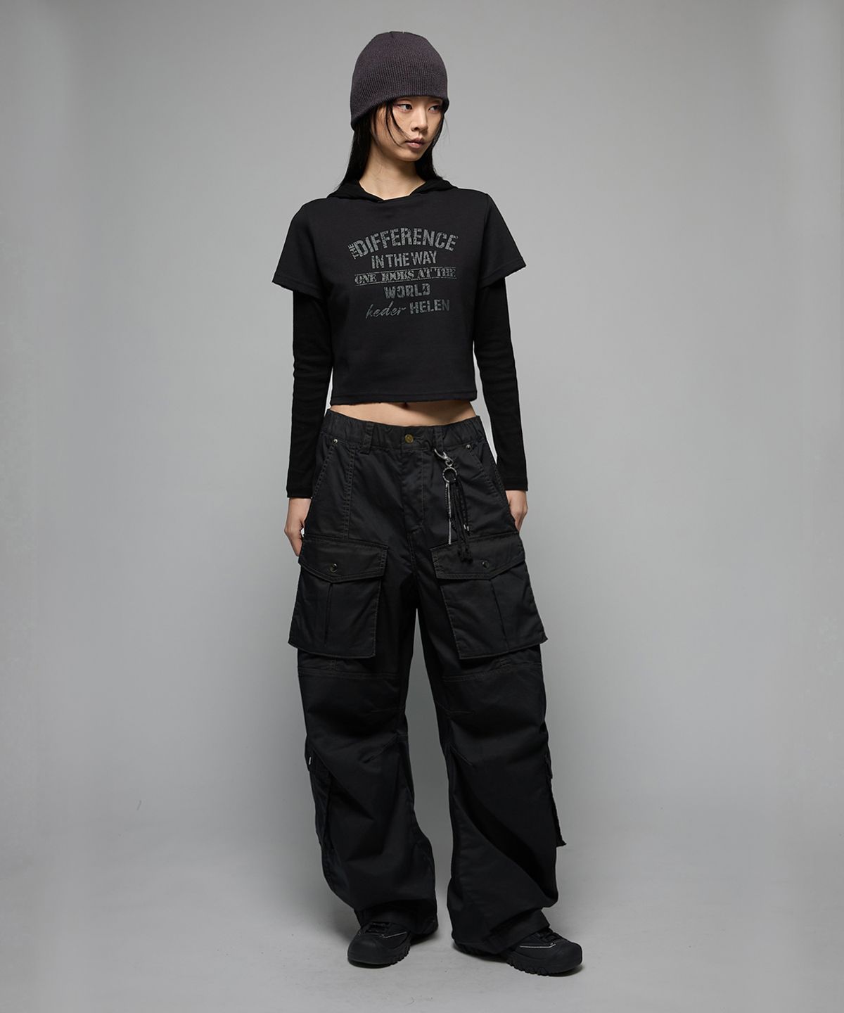 헤더헬렌(HEDER HELEN) (W) Difference damage crop half-T black