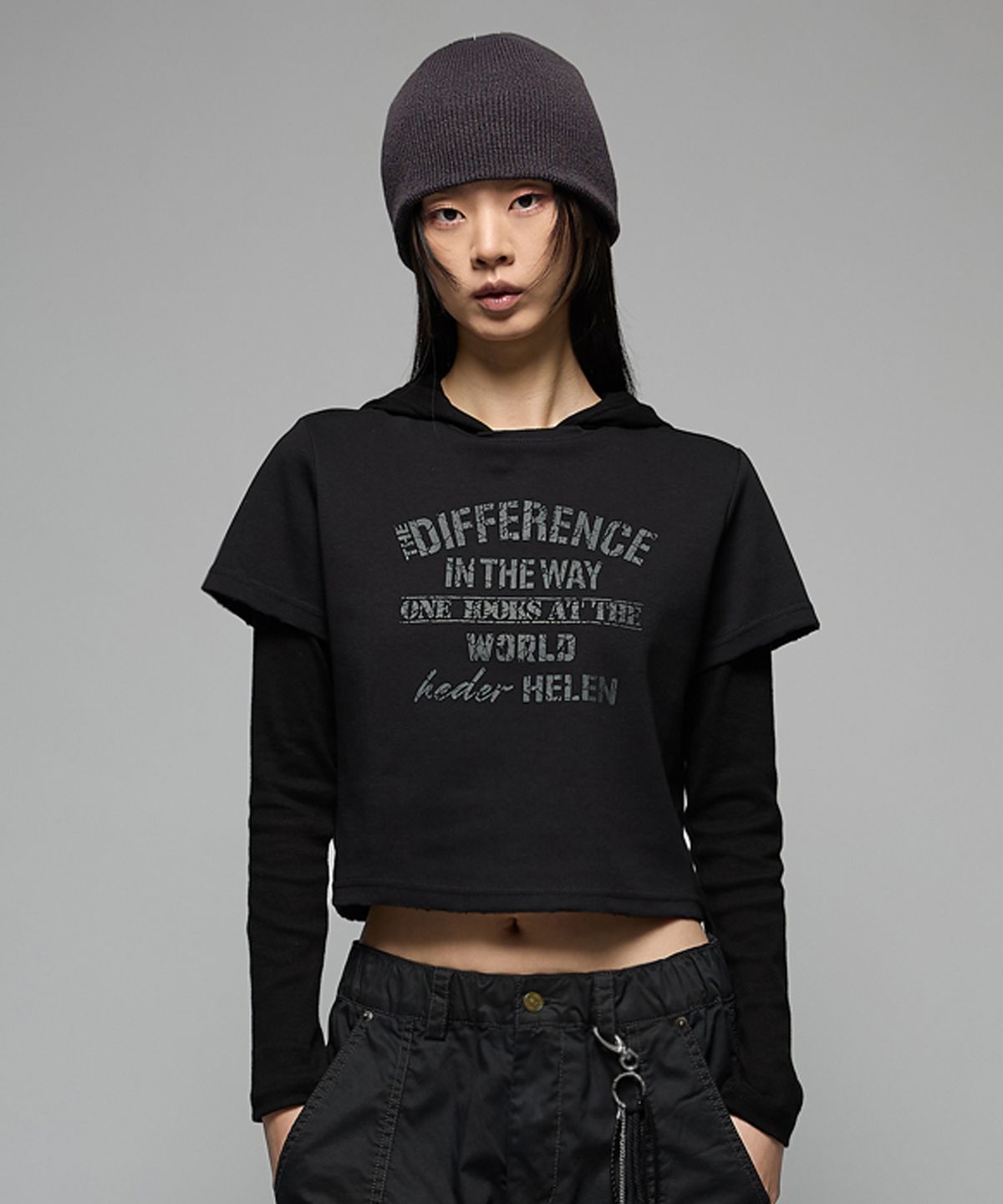 헤더헬렌(HEDER HELEN) (W) Difference damage crop half-T black