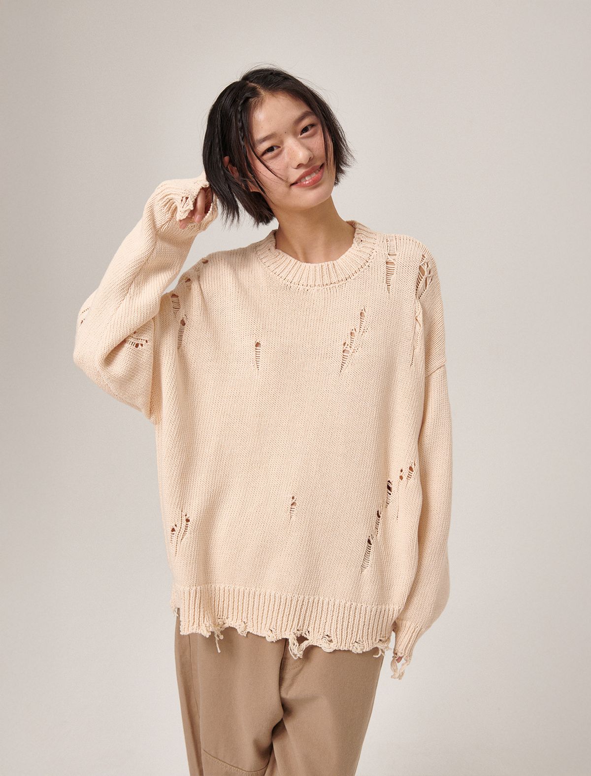 플랫웨이브 인 서울(FLATWAVE IN SEOUL) Ripsy Vintage Damaged Round Knit Cream