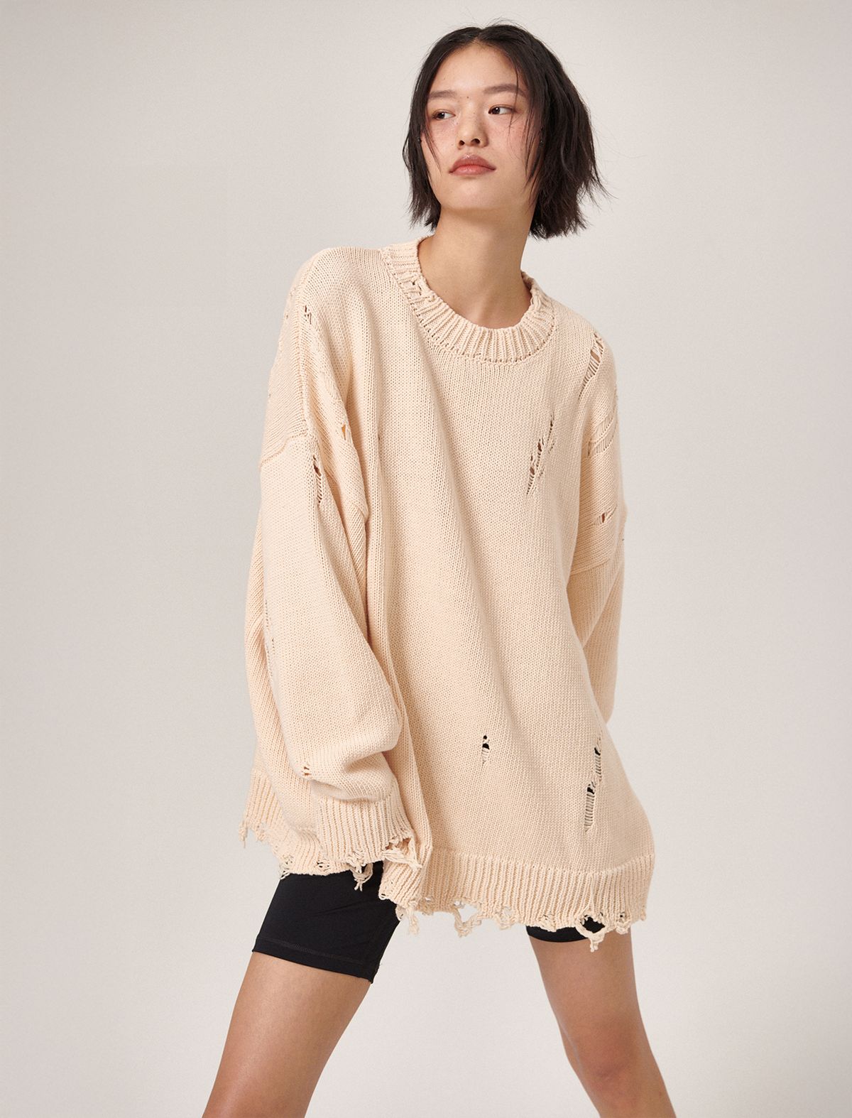 플랫웨이브 인 서울(FLATWAVE IN SEOUL) Ripsy Vintage Damaged Round Knit Cream