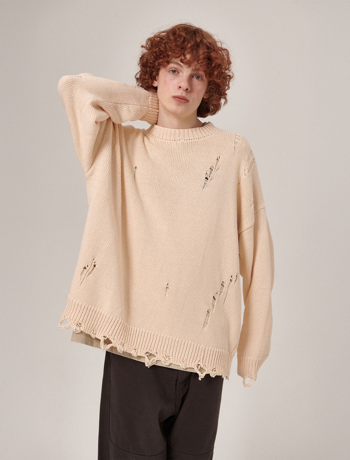 플랫웨이브 인 서울(FLATWAVE IN SEOUL) Ripsy Vintage Damaged Round Knit Cream