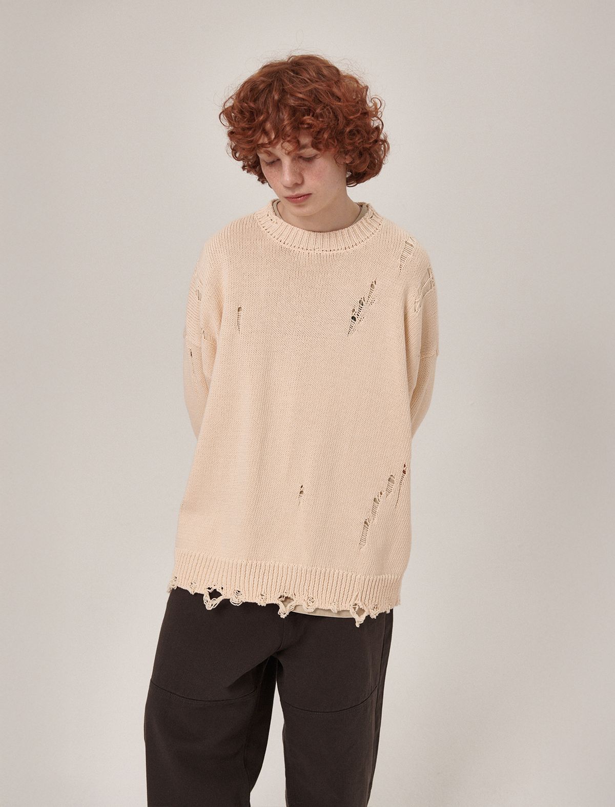 플랫웨이브 인 서울(FLATWAVE IN SEOUL) Ripsy Vintage Damaged Round Knit Cream