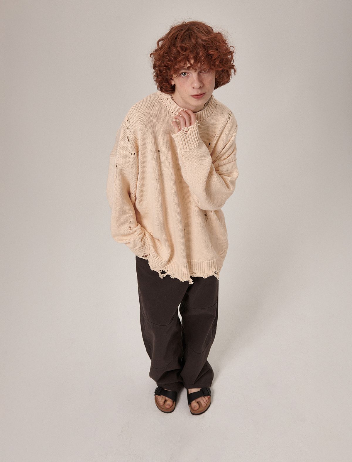 플랫웨이브 인 서울(FLATWAVE IN SEOUL) Ripsy Vintage Damaged Round Knit Cream
