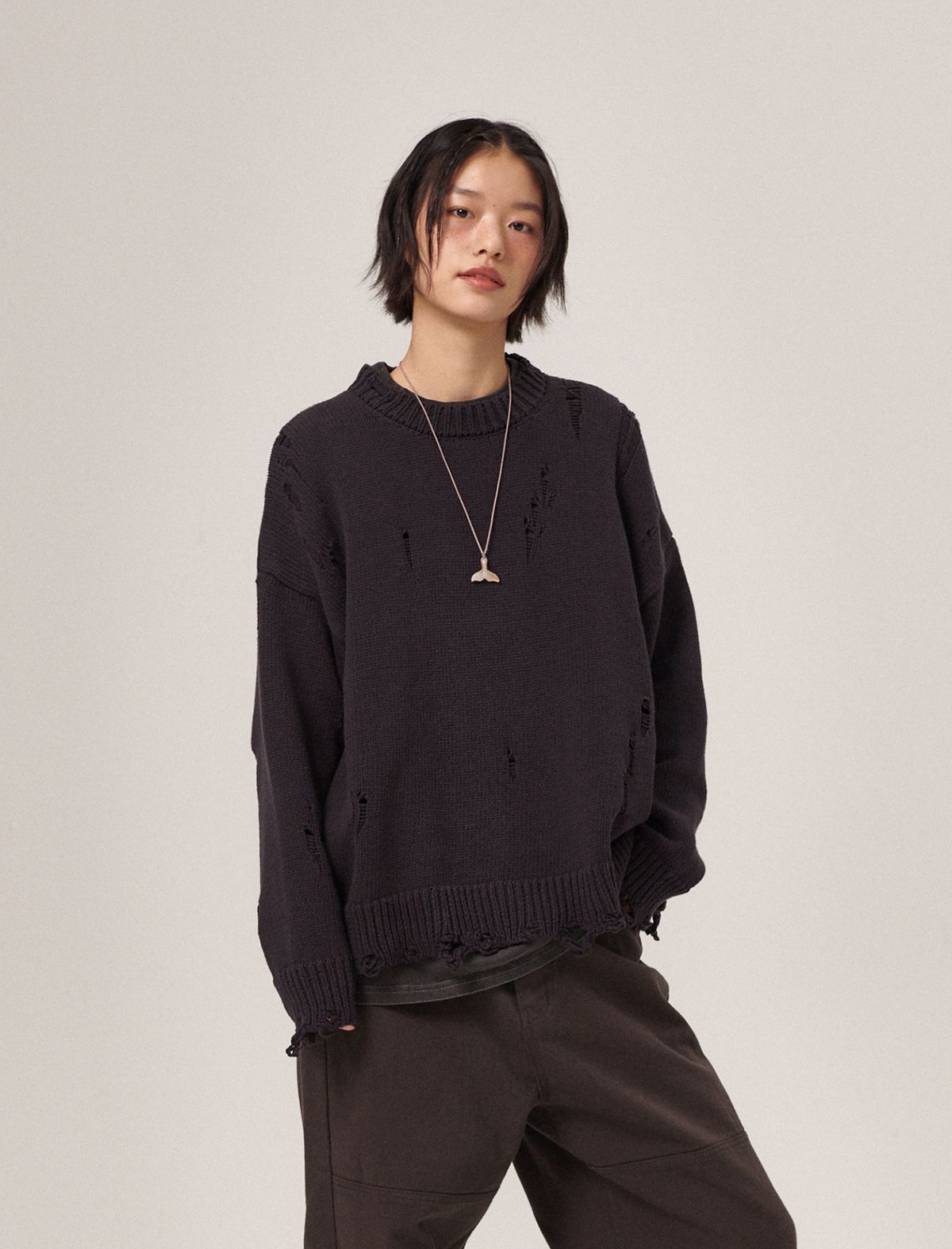 플랫웨이브 인 서울(FLATWAVE IN SEOUL) Ripsy Vintage Damaged Round Knit Dark Navy