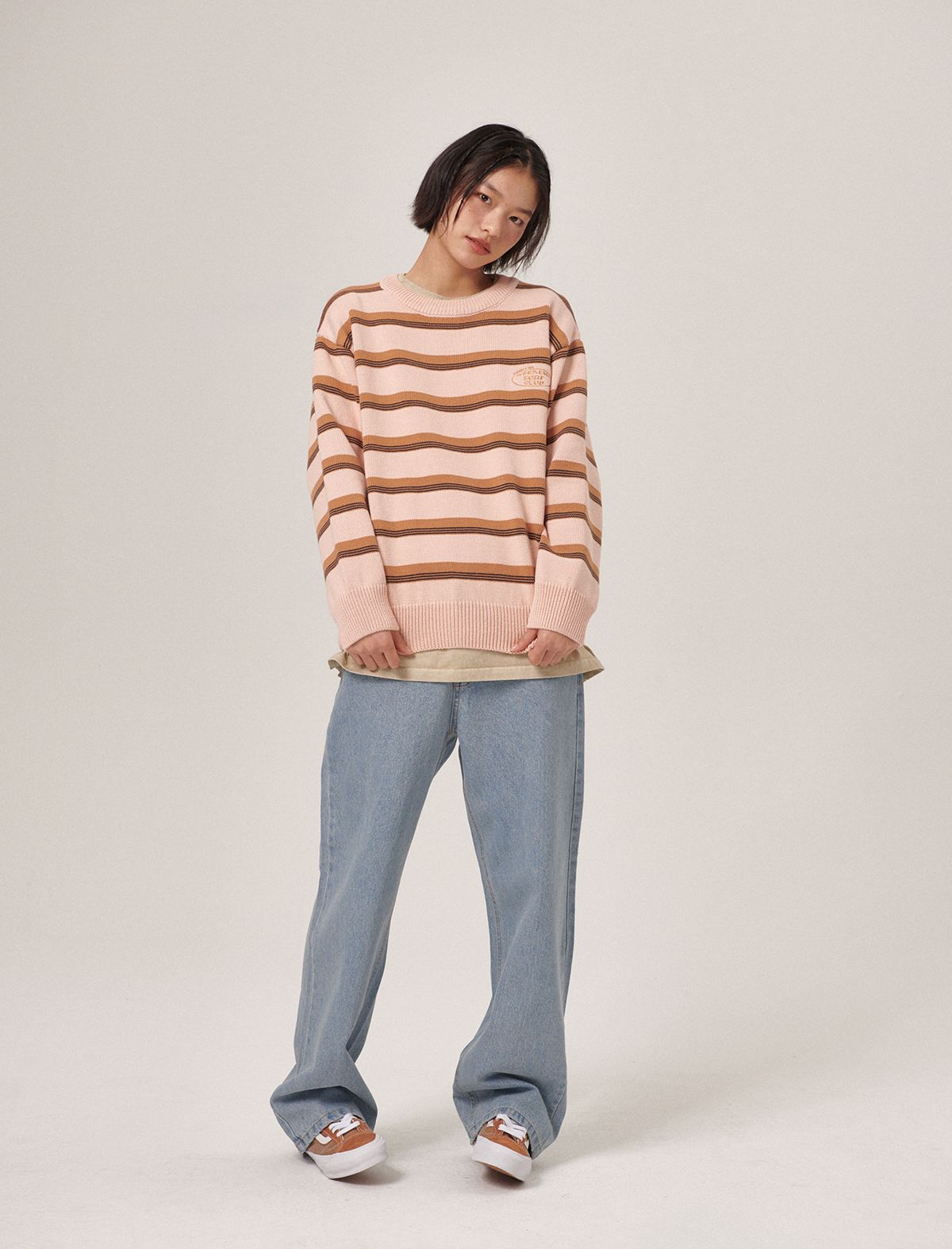 플랫웨이브 인 서울(FLATWAVE IN SEOUL) Aav Stripe Vintage Cotton Round Knit Beige