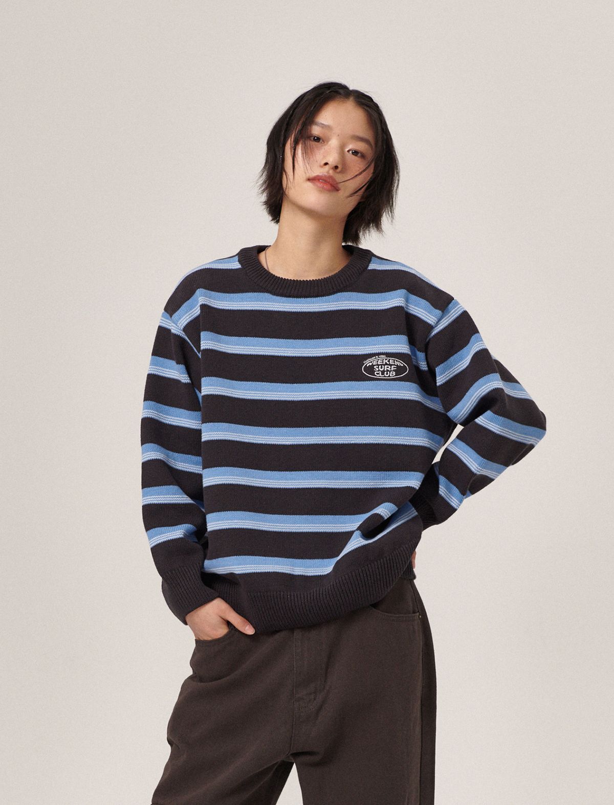 플랫웨이브 인 서울(FLATWAVE IN SEOUL) Aav Stripe Vintage Cotton Round Knit Navy