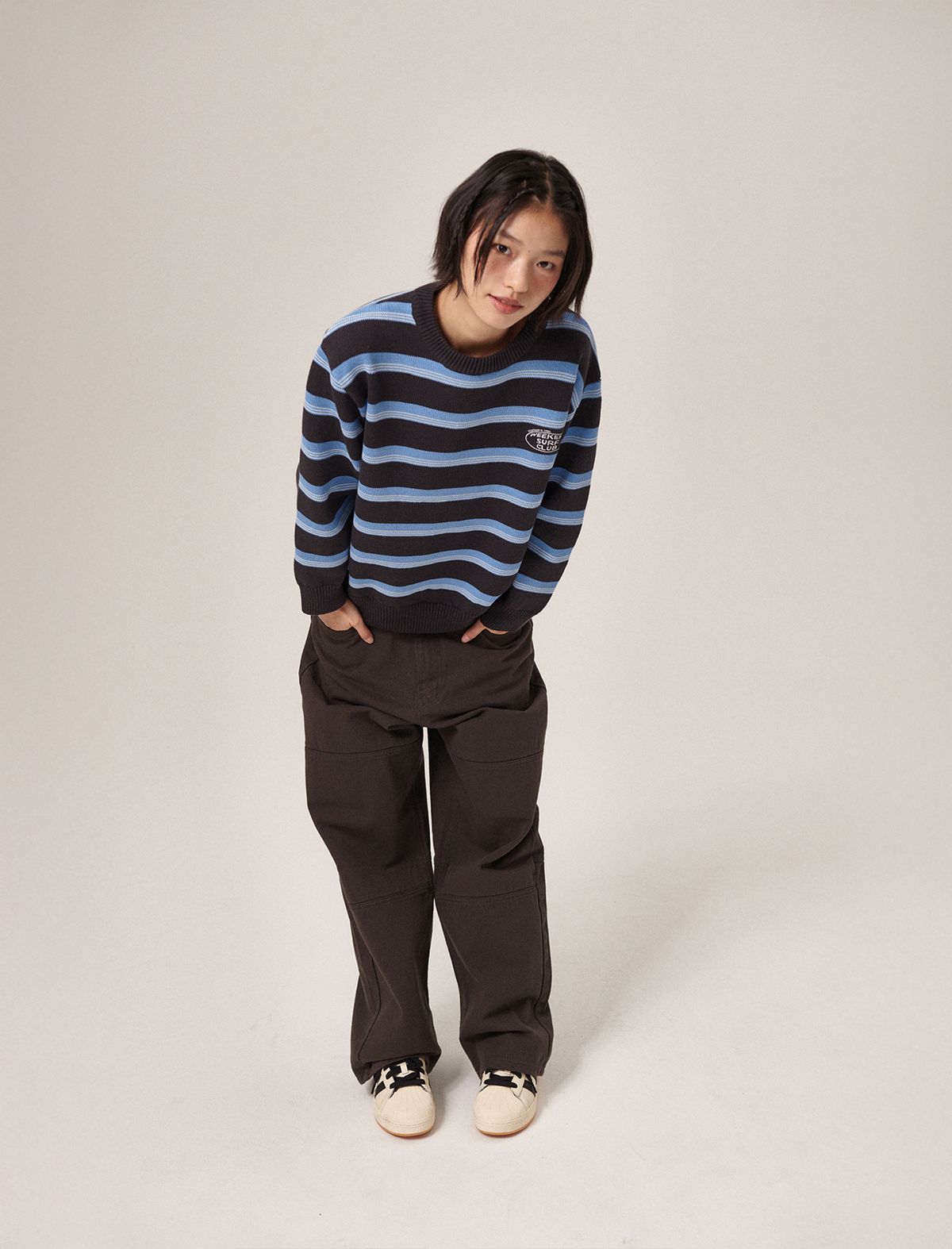 플랫웨이브 인 서울(FLATWAVE IN SEOUL) Aav Stripe Vintage Cotton Round Knit Navy